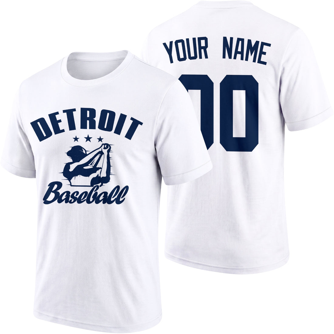 Detroit personalized adult baseball T shirt in Navy showing front and back with custom name and number