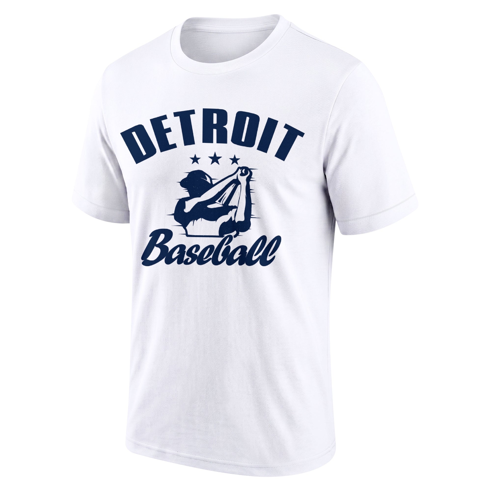 Detroit White adult baseball T shirt front view with city lettering baseball player graphic and Baseball script