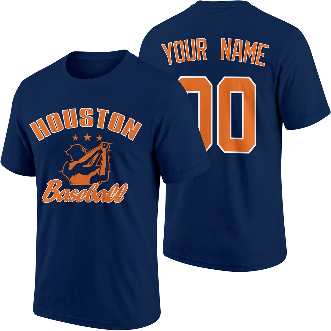 Houston personalized adult baseball T shirt in Navy showing front and back with custom name and number