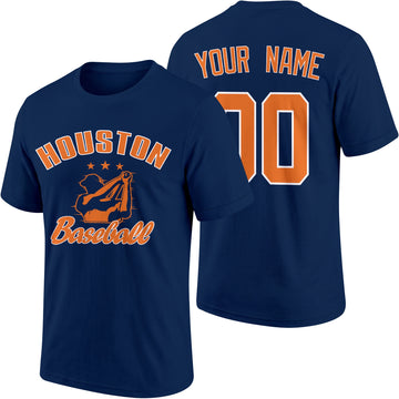 Houston personalized adult baseball T shirt in Navy showing front and back with custom name and number
