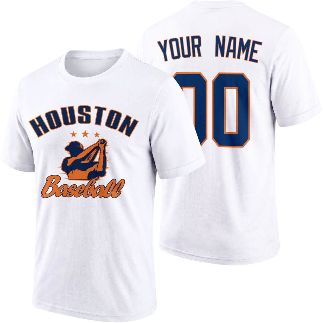 Houston personalized adult baseball T shirt in Navy showing front and back with custom name and number