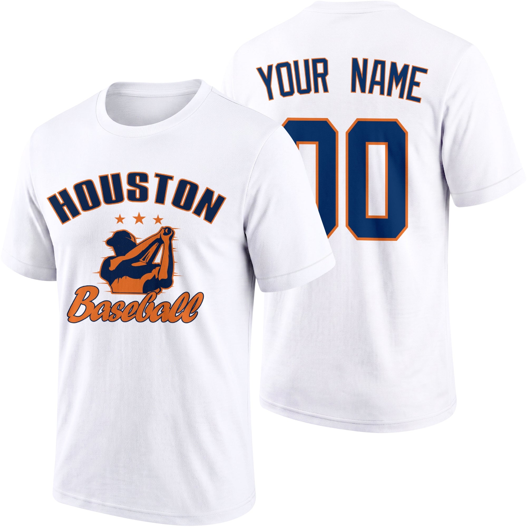 Houston personalized adult baseball T shirt in White showing front and back with custom name and number