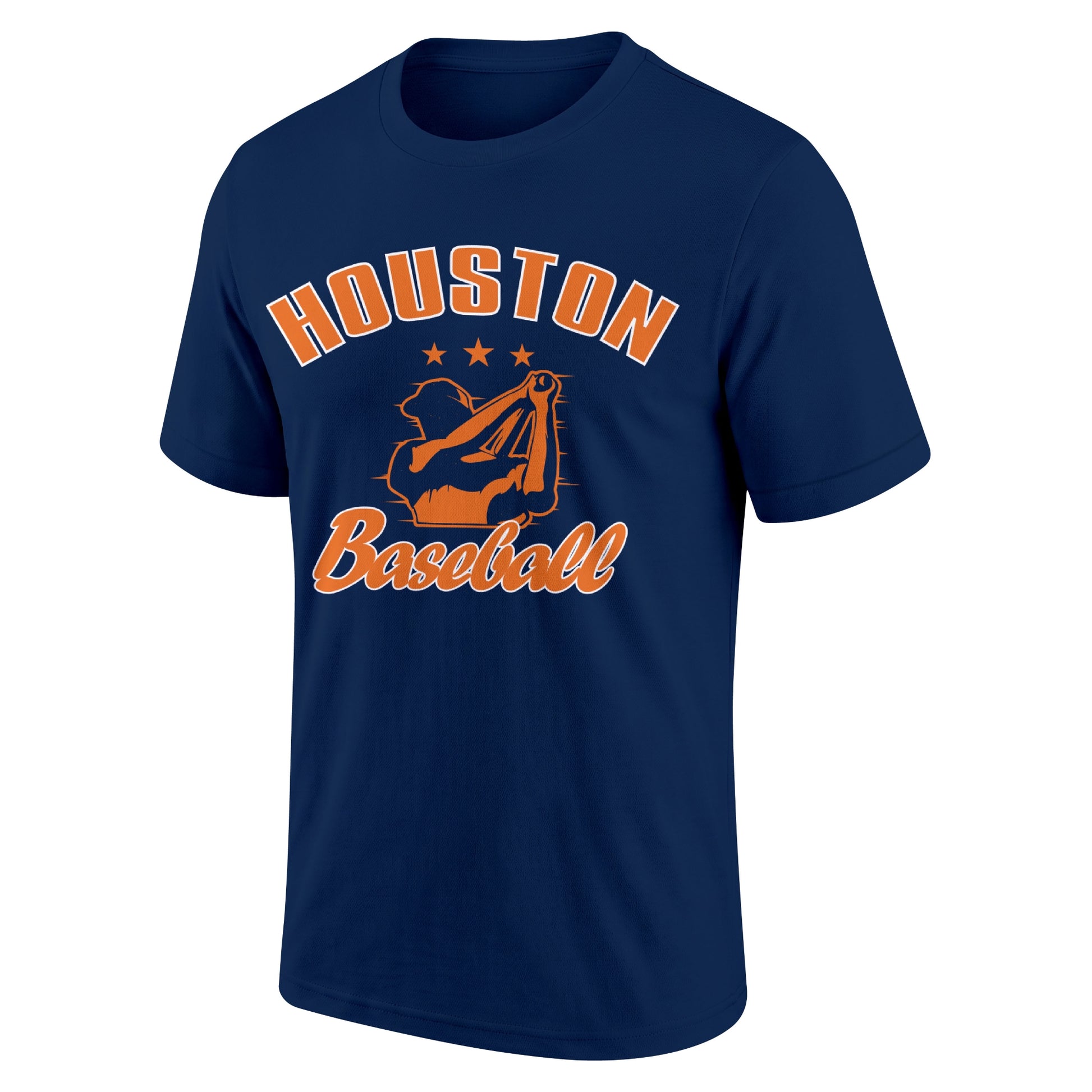 Houston Navy adult baseball T shirt front view with city lettering baseball player graphic and Baseball script