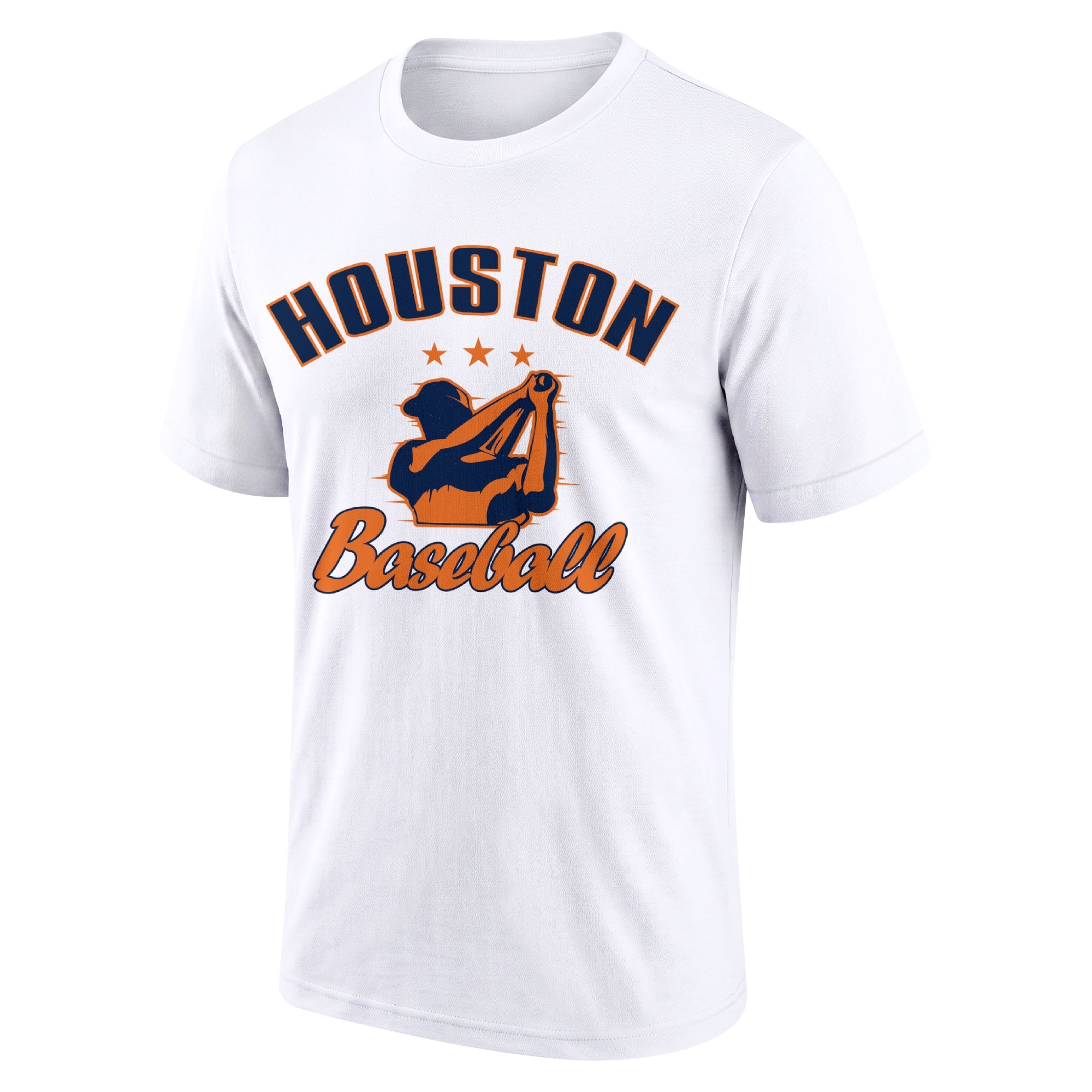 Houston White adult baseball T shirt front view with city lettering baseball player graphic and Baseball script