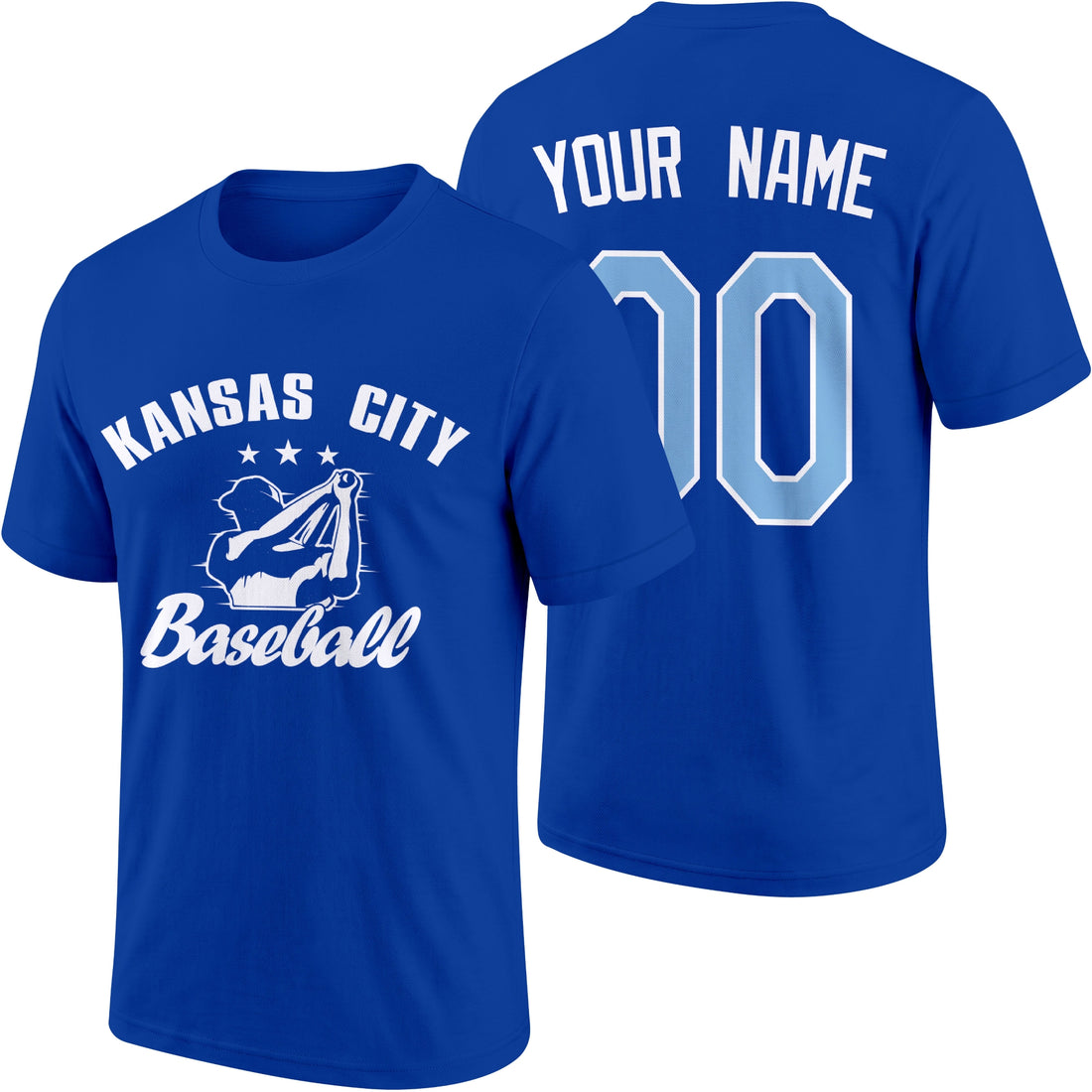 Kansas City personalized adult baseball T shirt in Royal showing front and back with custom name and number