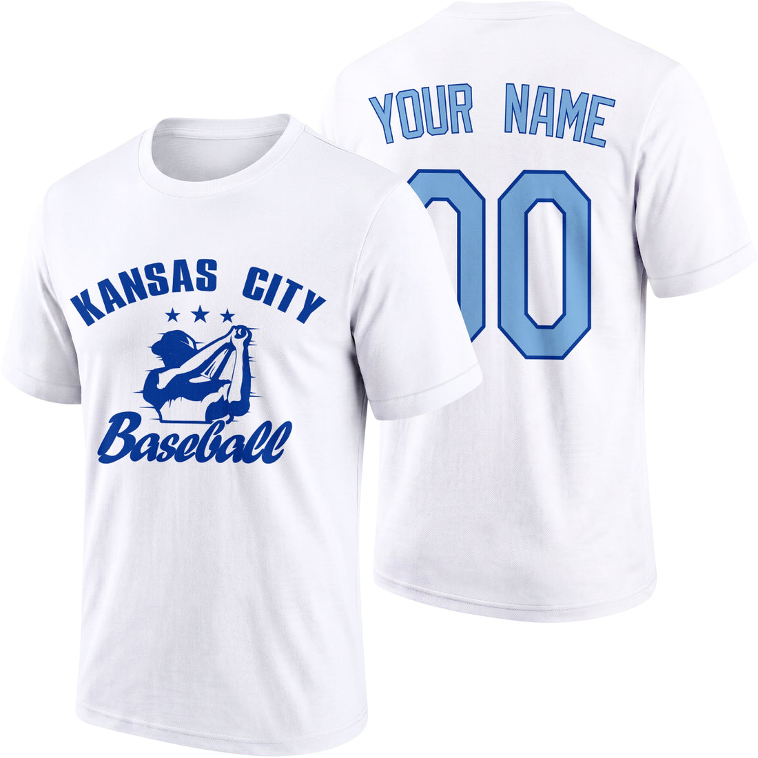 Kansas City personalized adult baseball T shirt in Royal showing front and back with custom name and number