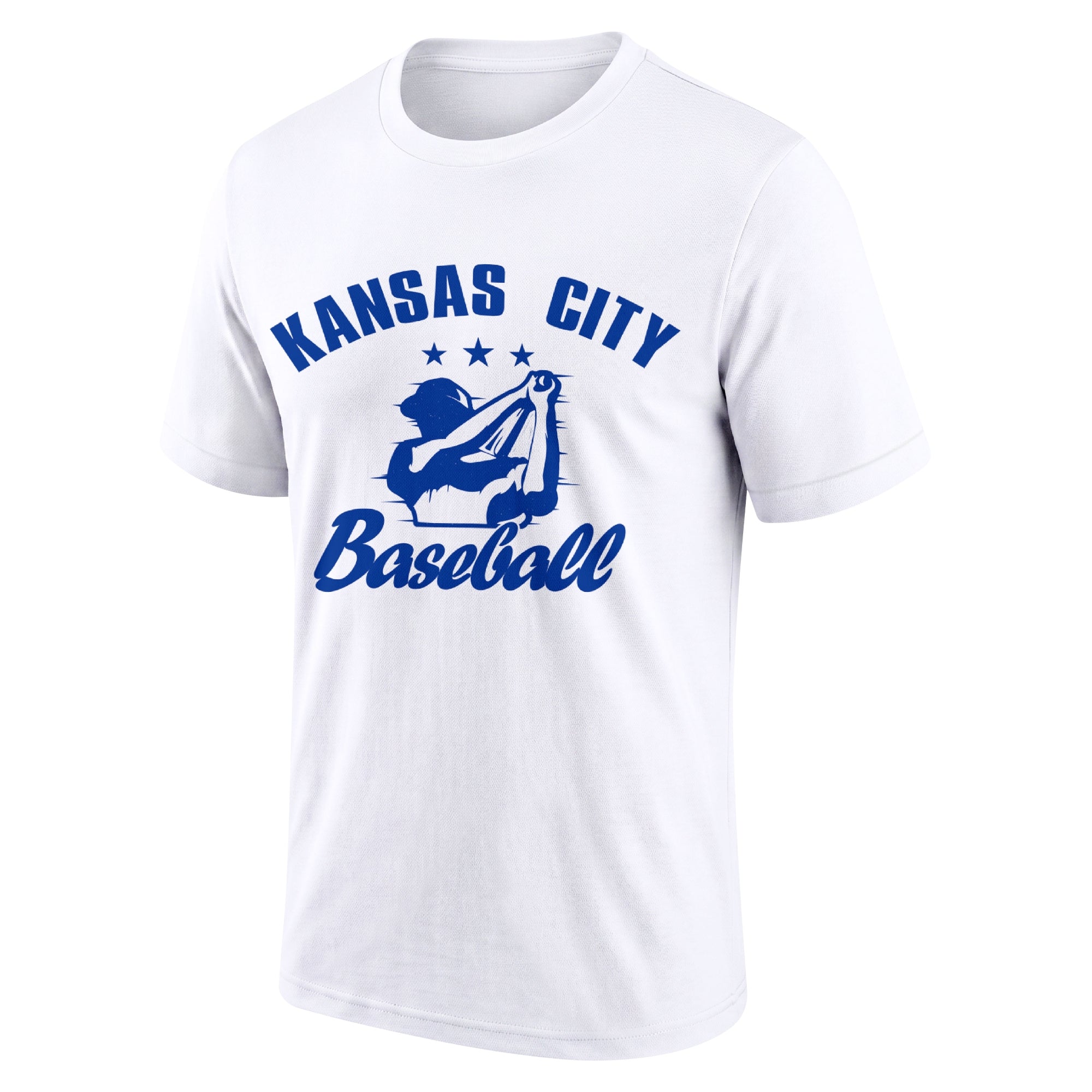 Kansas City White adult baseball T shirt front view with city lettering baseball player graphic and Baseball script