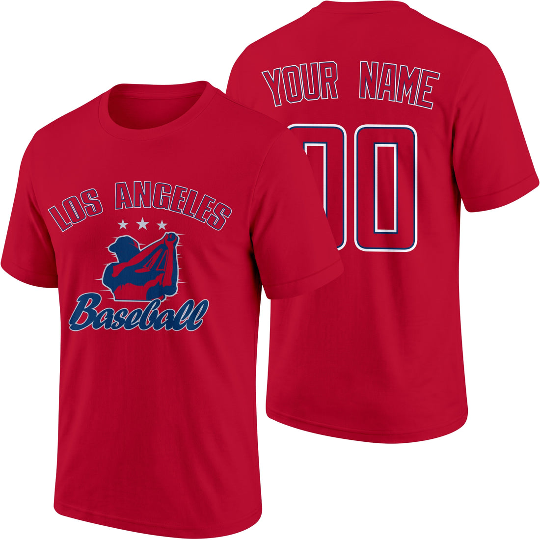 Los Angeles personalized adult baseball T shirt in Red showing front and back with custom name and number