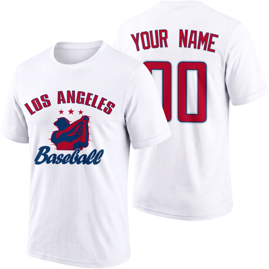 Los Angeles personalized adult baseball T shirt in Red showing front and back with custom name and number