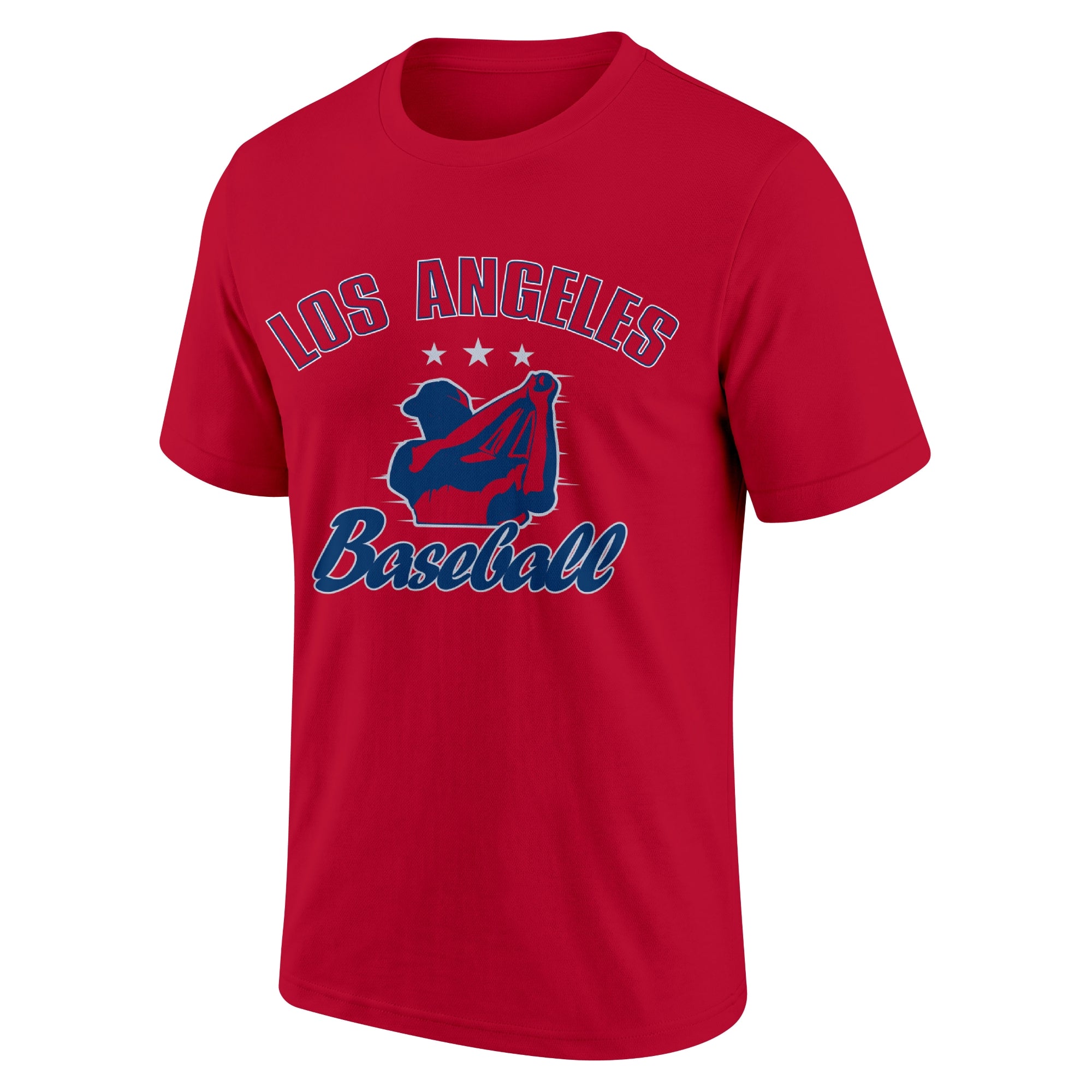 Los Angeles Red adult baseball T shirt front view with city lettering baseball player graphic and Baseball script