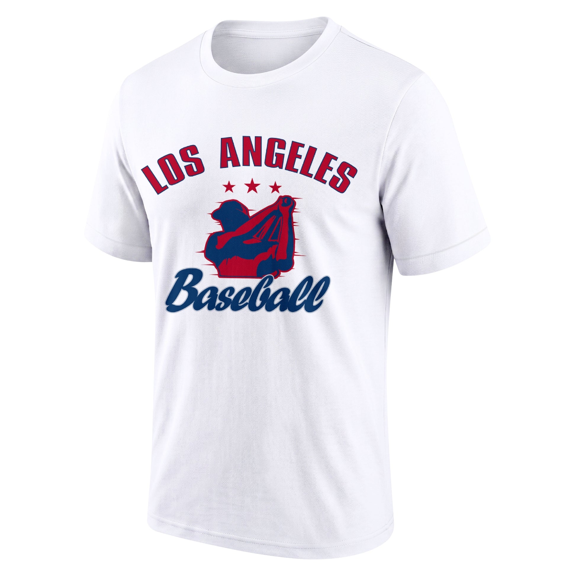 Los Angeles White adult baseball T shirt front view with city lettering baseball player graphic and Baseball script