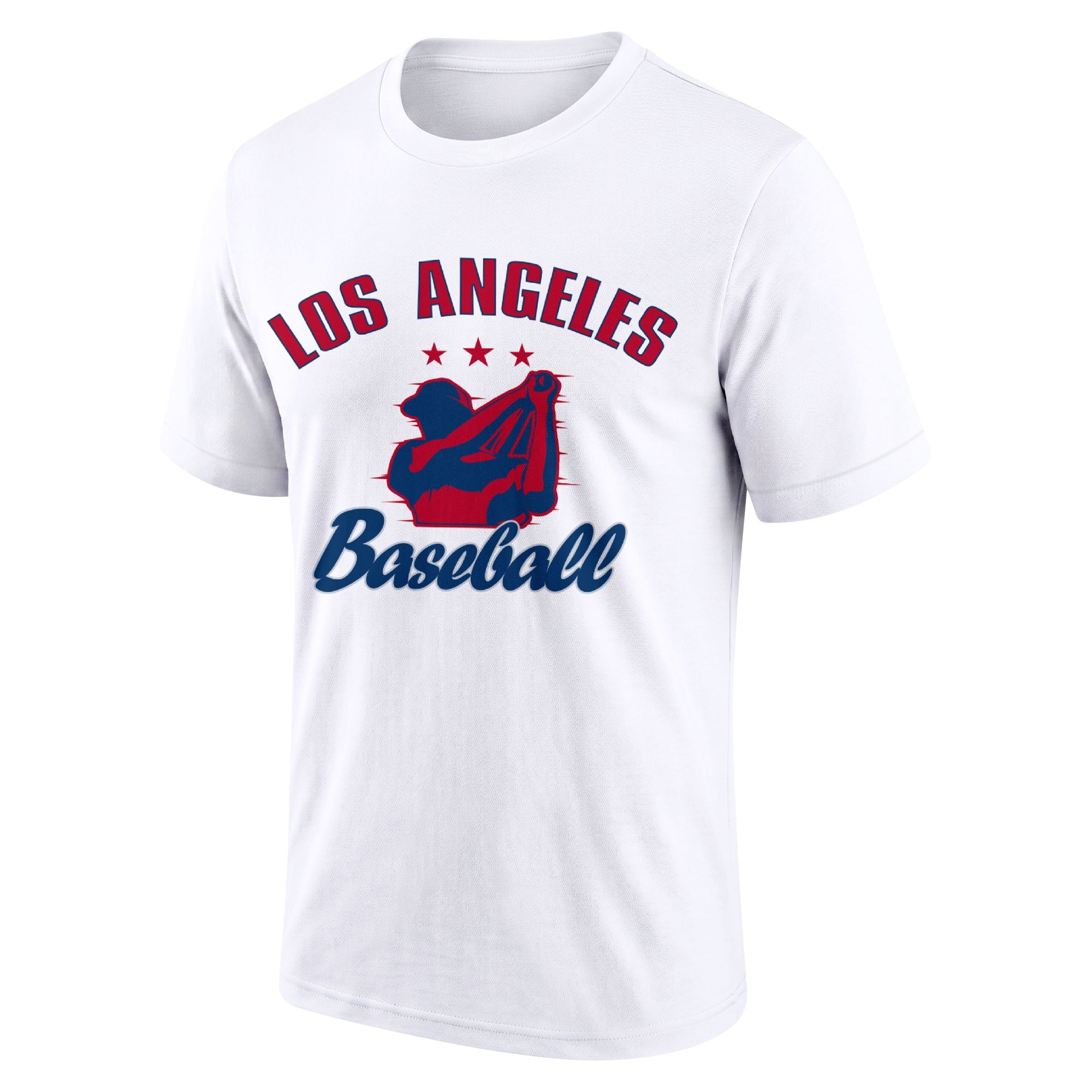 Los Angeles White adult baseball T shirt front view with city lettering baseball player graphic and Baseball script