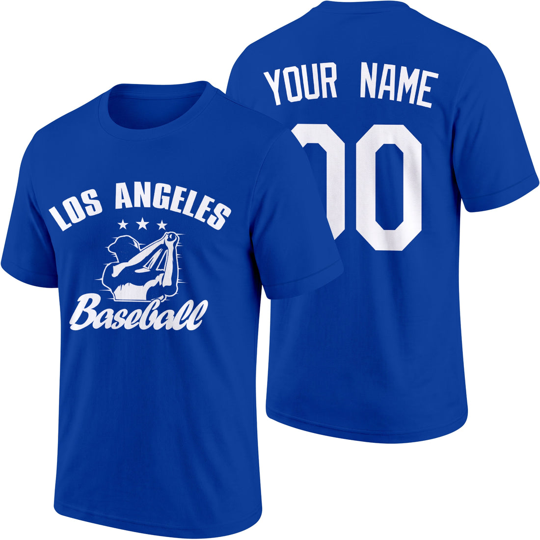 Los Angeles personalized adult baseball T shirt in Royal showing front and back with custom name and number