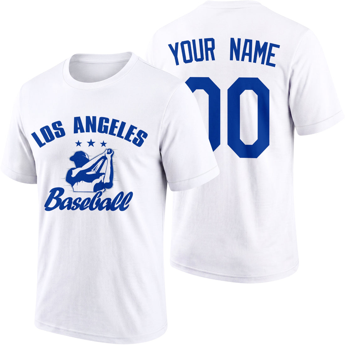 Los Angeles personalized adult baseball T shirt in Royal showing front and back with custom name and number