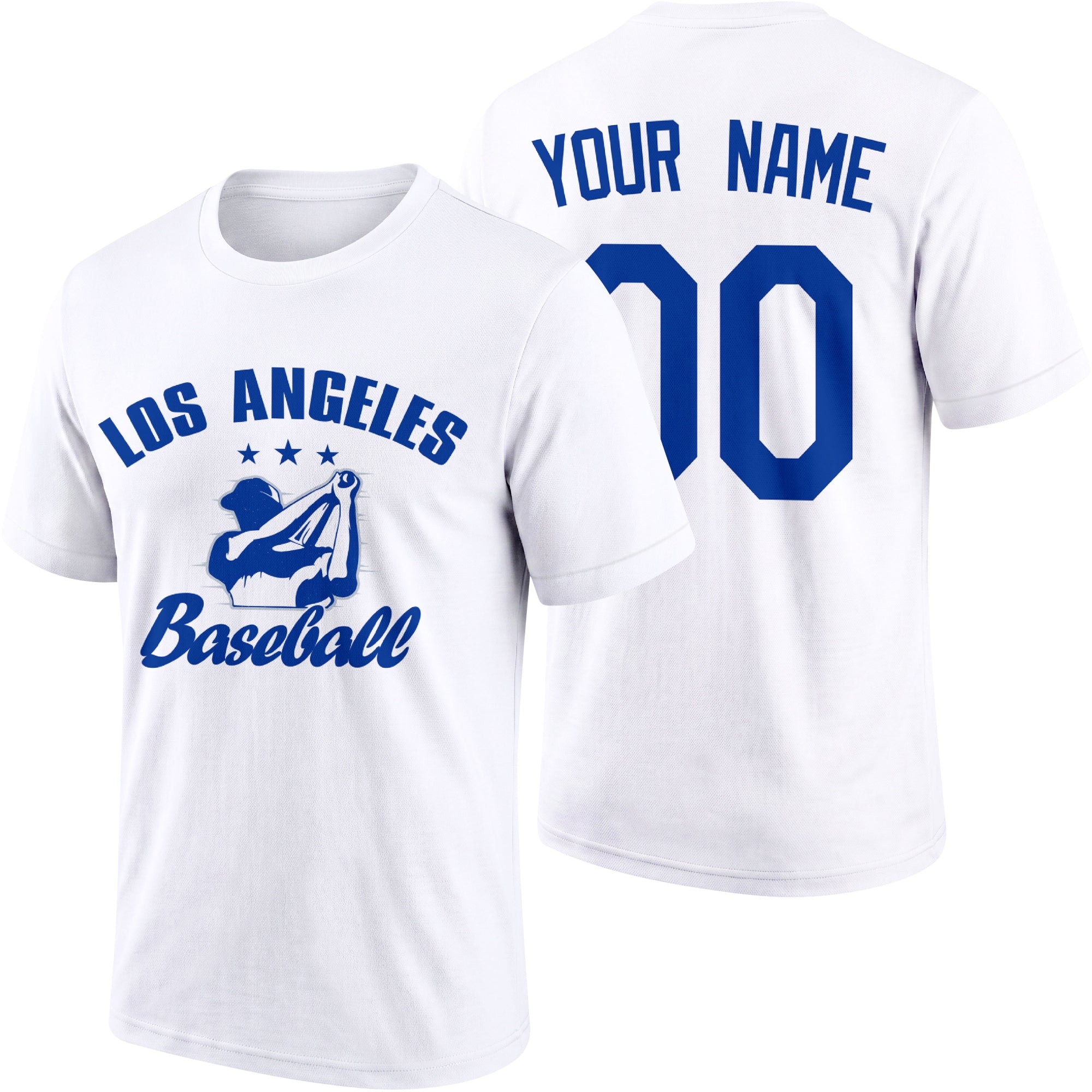 Los Angeles personalized adult baseball T shirt in White showing front and back with custom name and number