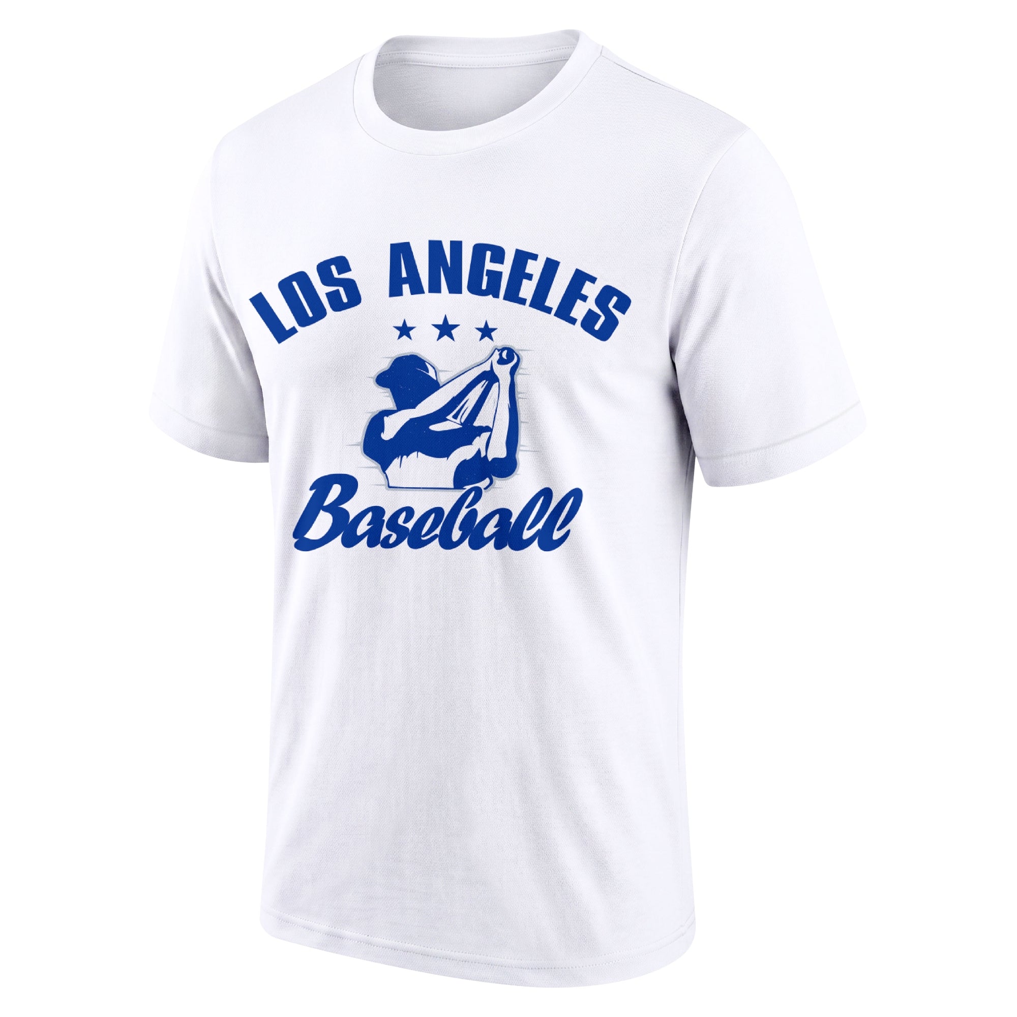 Los Angeles White adult baseball T shirt front view with city lettering baseball player graphic and Baseball script