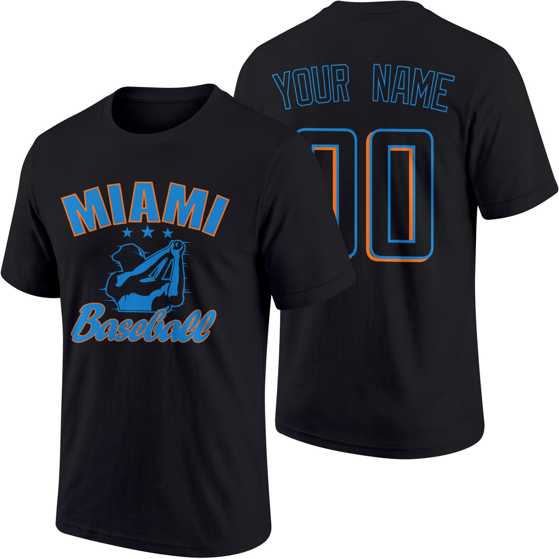 Miami personalized adult baseball T shirt in Black showing front and back with custom name and number