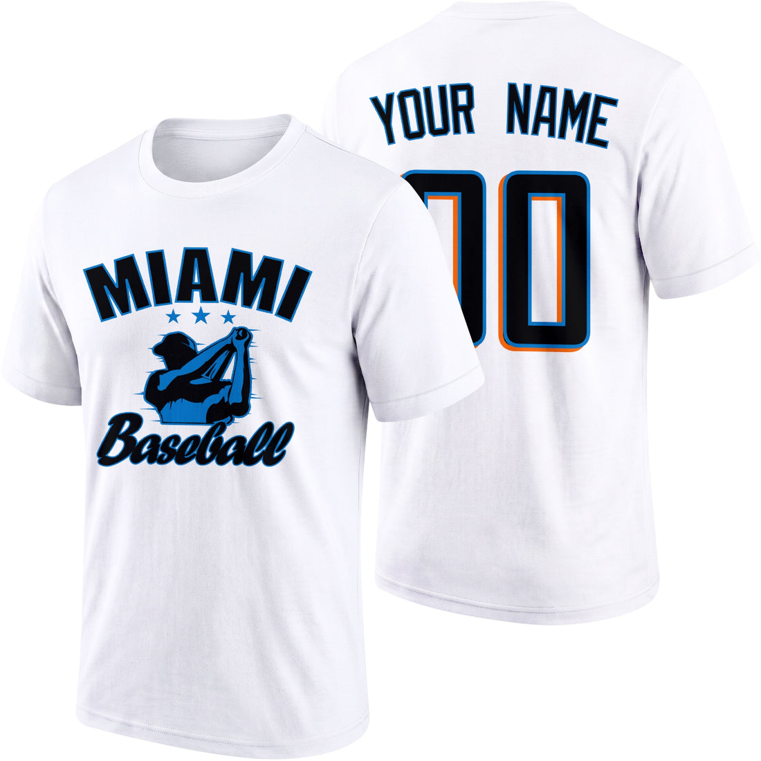 Miami personalized adult baseball T shirt in Black showing front and back with custom name and number