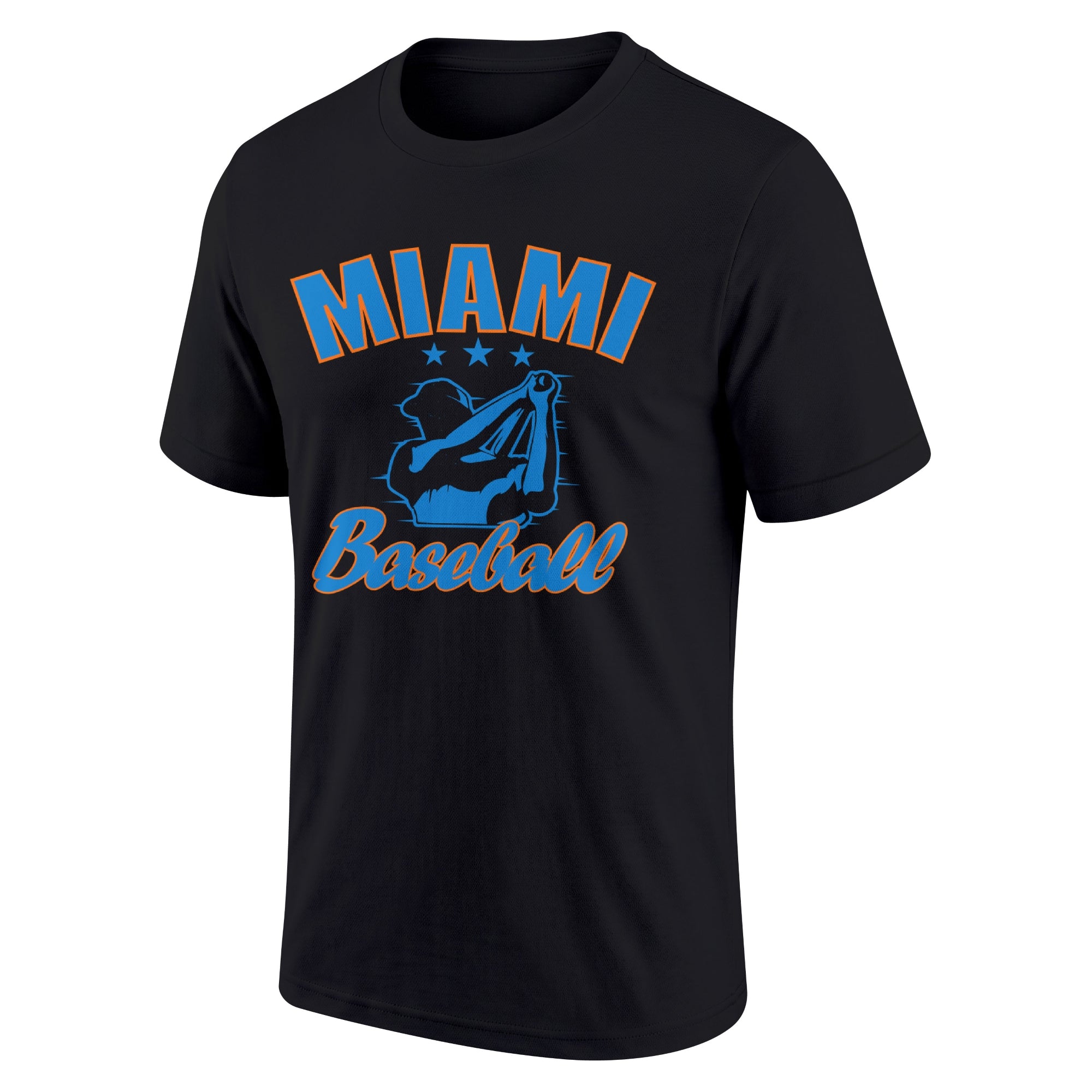 Miami Black adult baseball T shirt front view with city lettering baseball player graphic and Baseball script
