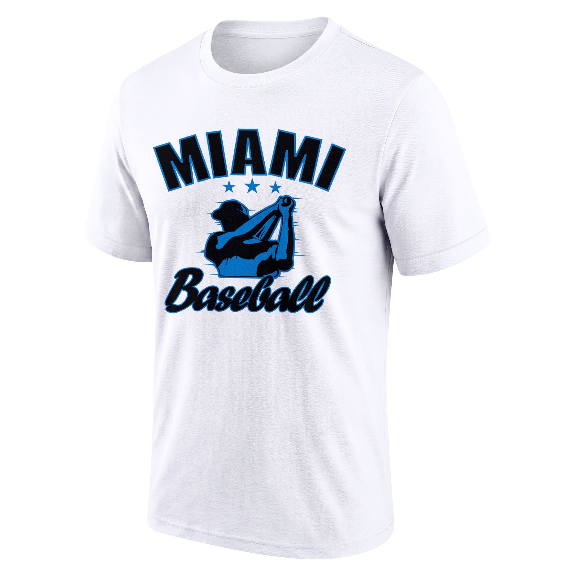 Miami White adult baseball T shirt front view with city lettering baseball player graphic and Baseball script