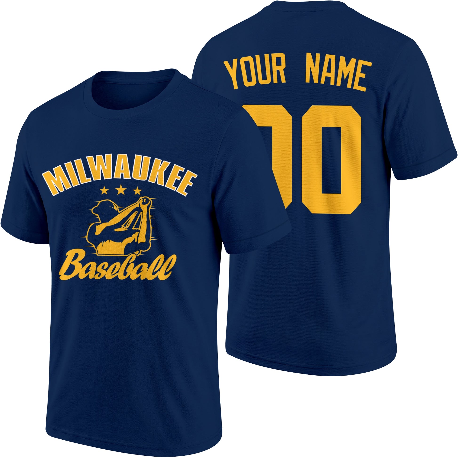 Milwaukee personalized adult baseball T shirt in Navy showing front and back with custom name and number
