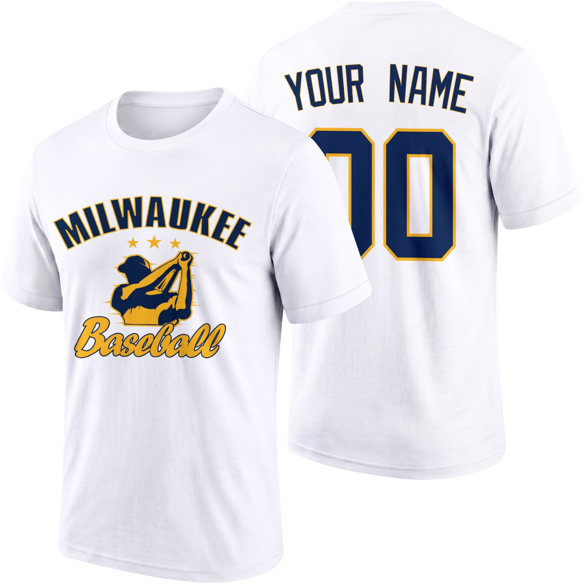 Milwaukee personalized adult baseball T shirt in White showing front and back with custom name and number