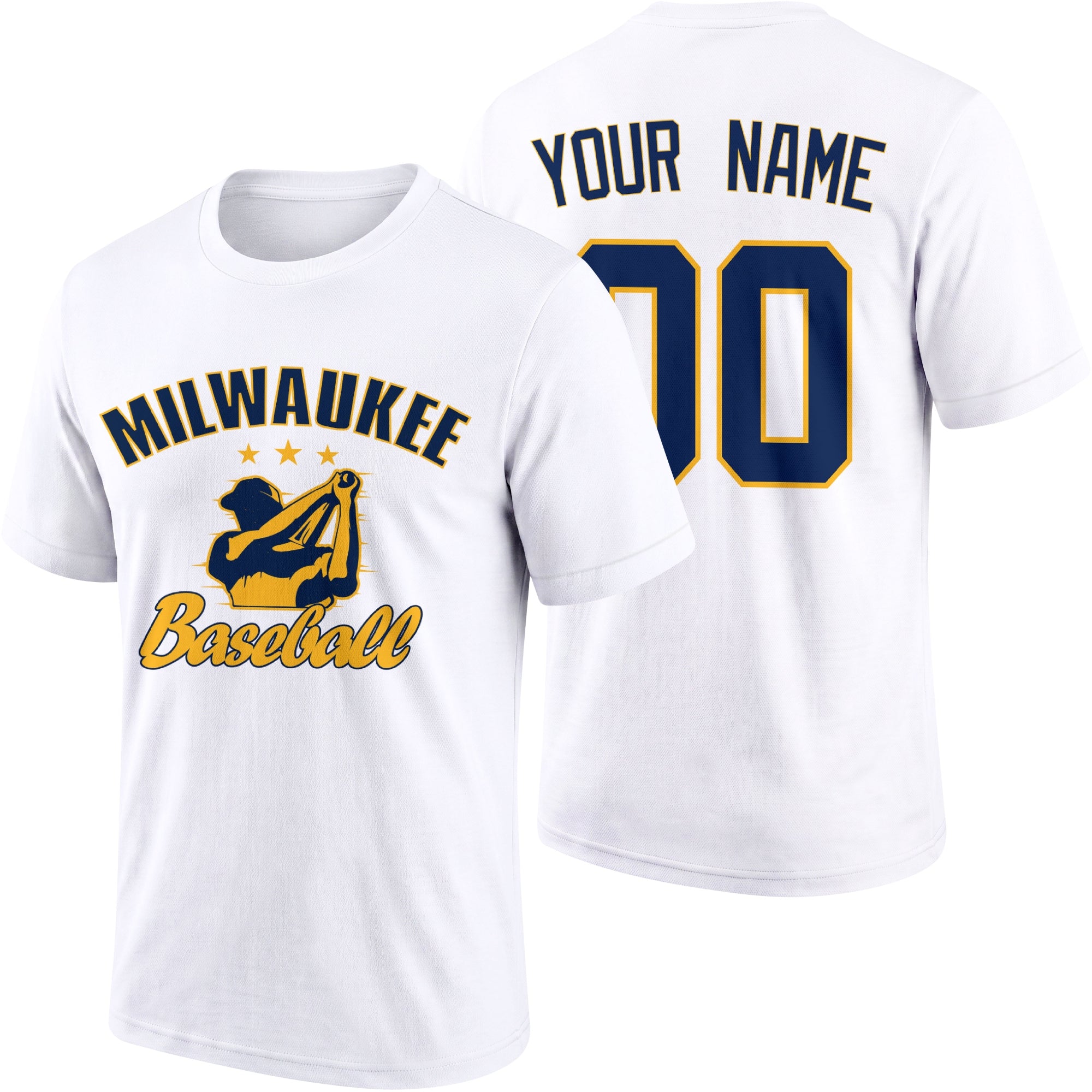 Milwaukee personalized adult baseball T shirt in White showing front and back with custom name and number