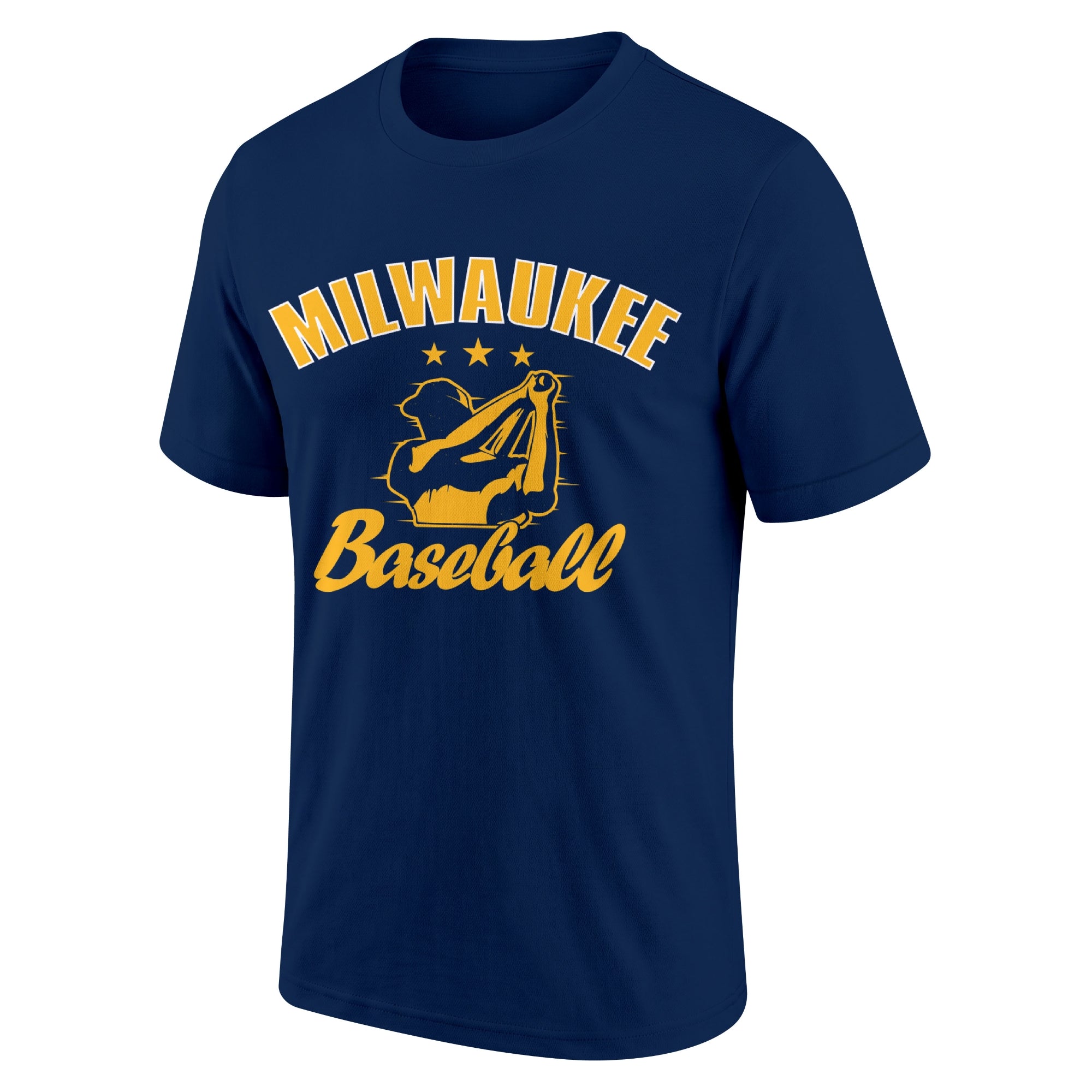 Milwaukee Navy adult baseball T shirt front view with city lettering baseball player graphic and Baseball script