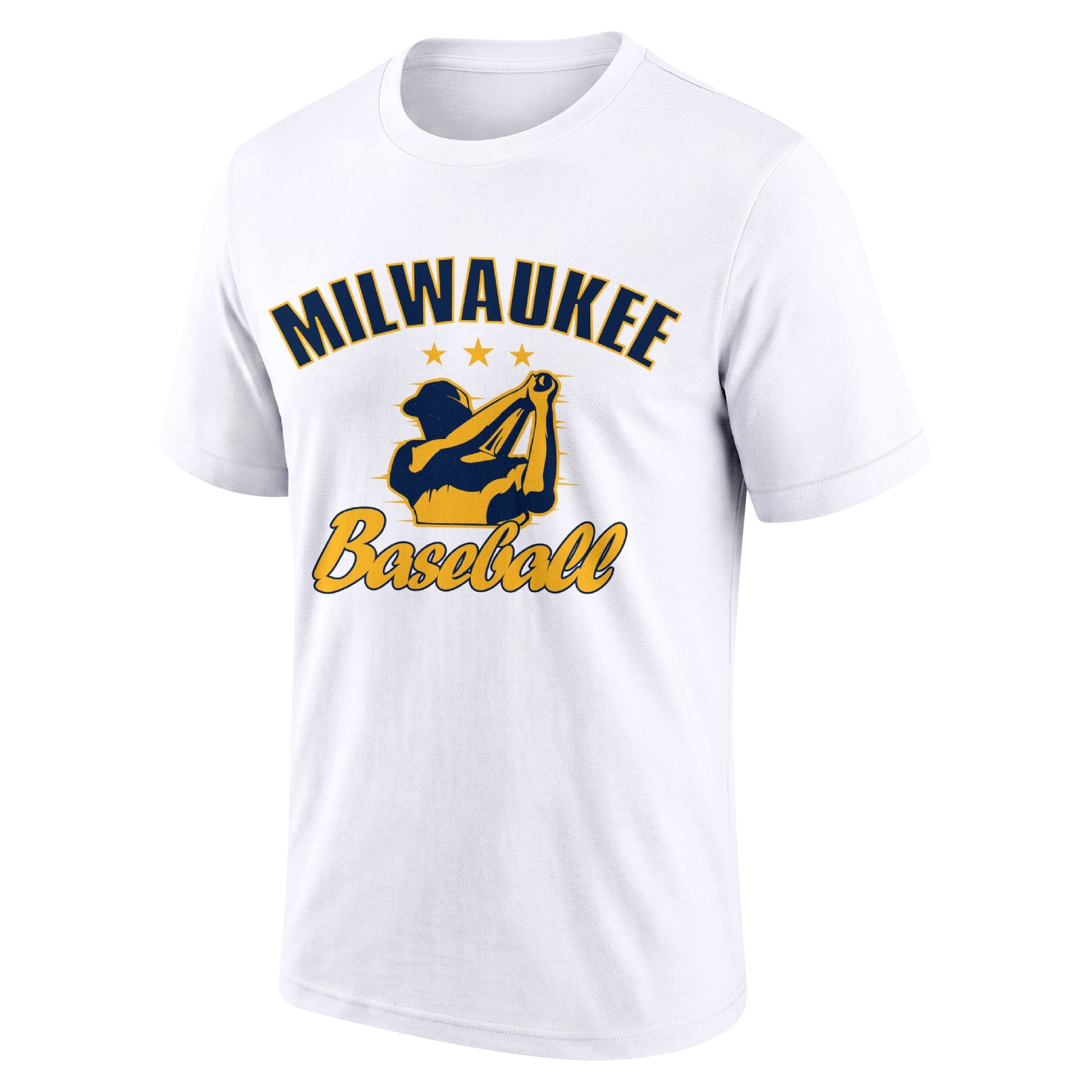 Milwaukee White adult baseball T shirt front view with city lettering baseball player graphic and Baseball script