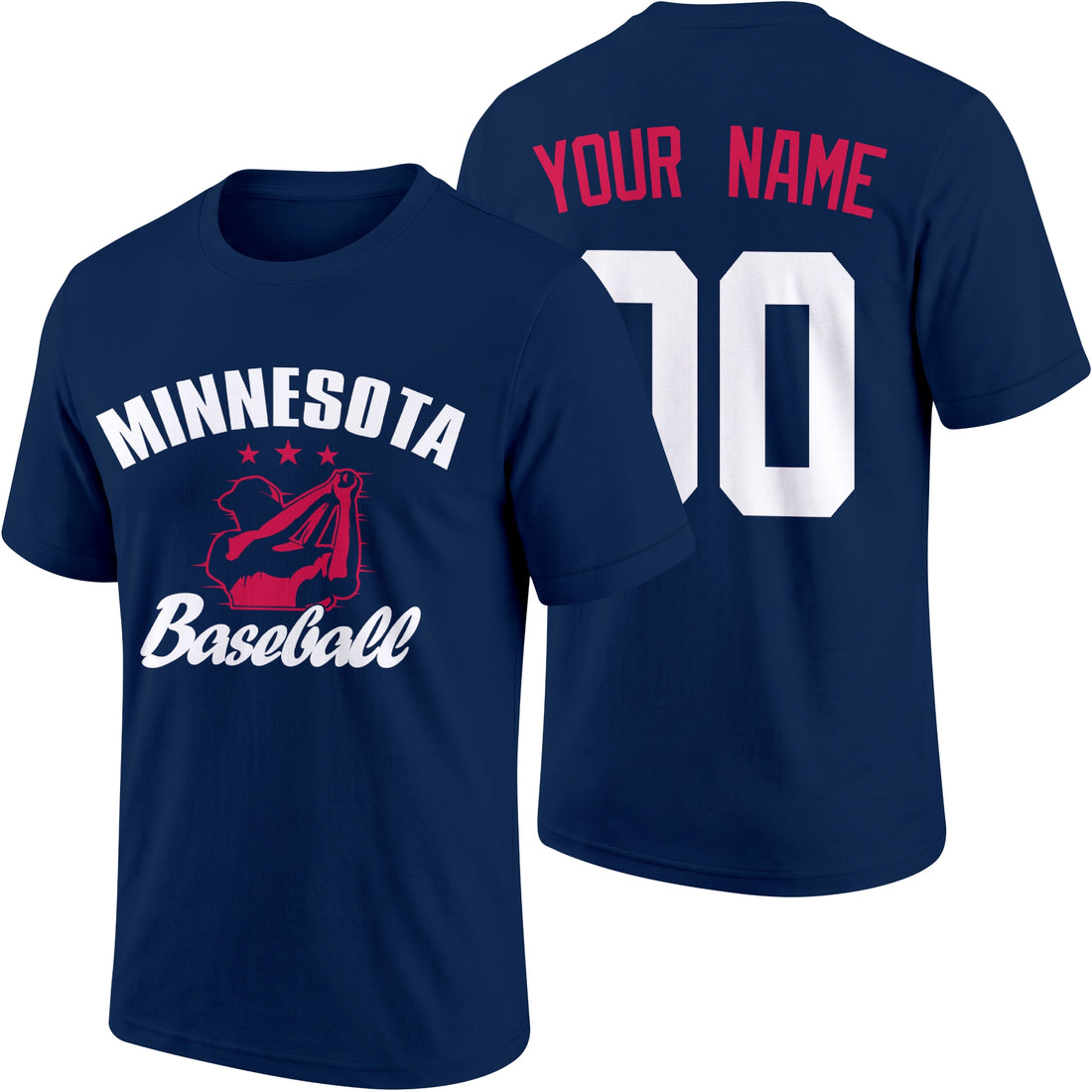 Minnesota personalized adult baseball T shirt in Navy showing front and back with custom name and number