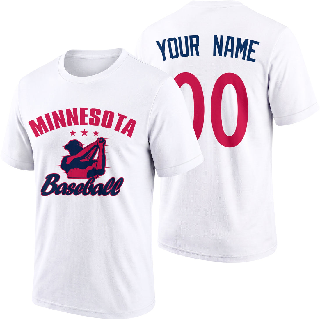 Minnesota personalized adult baseball T shirt in Navy showing front and back with custom name and number