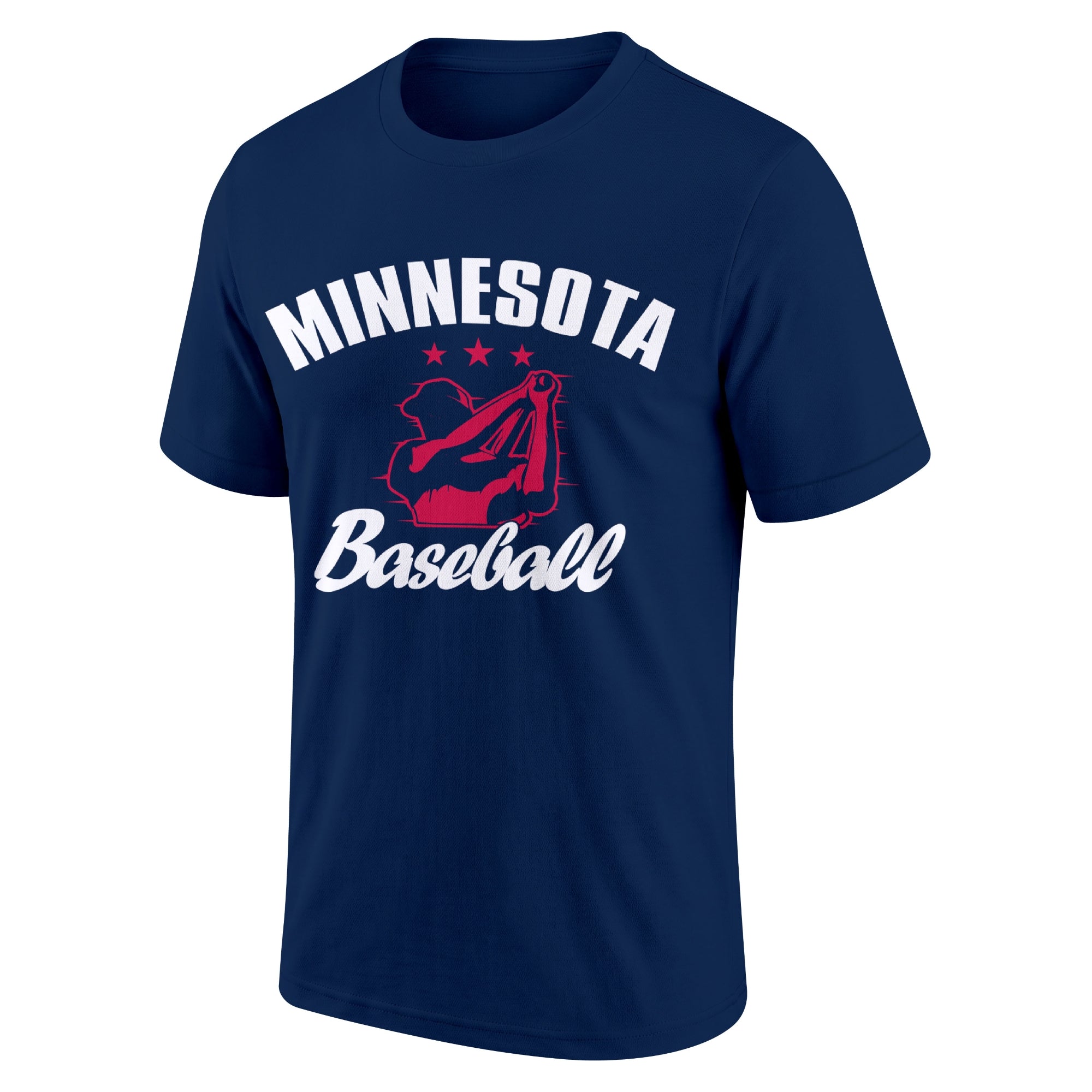Minnesota Navy adult baseball T shirt front view with city lettering baseball player graphic and Baseball script