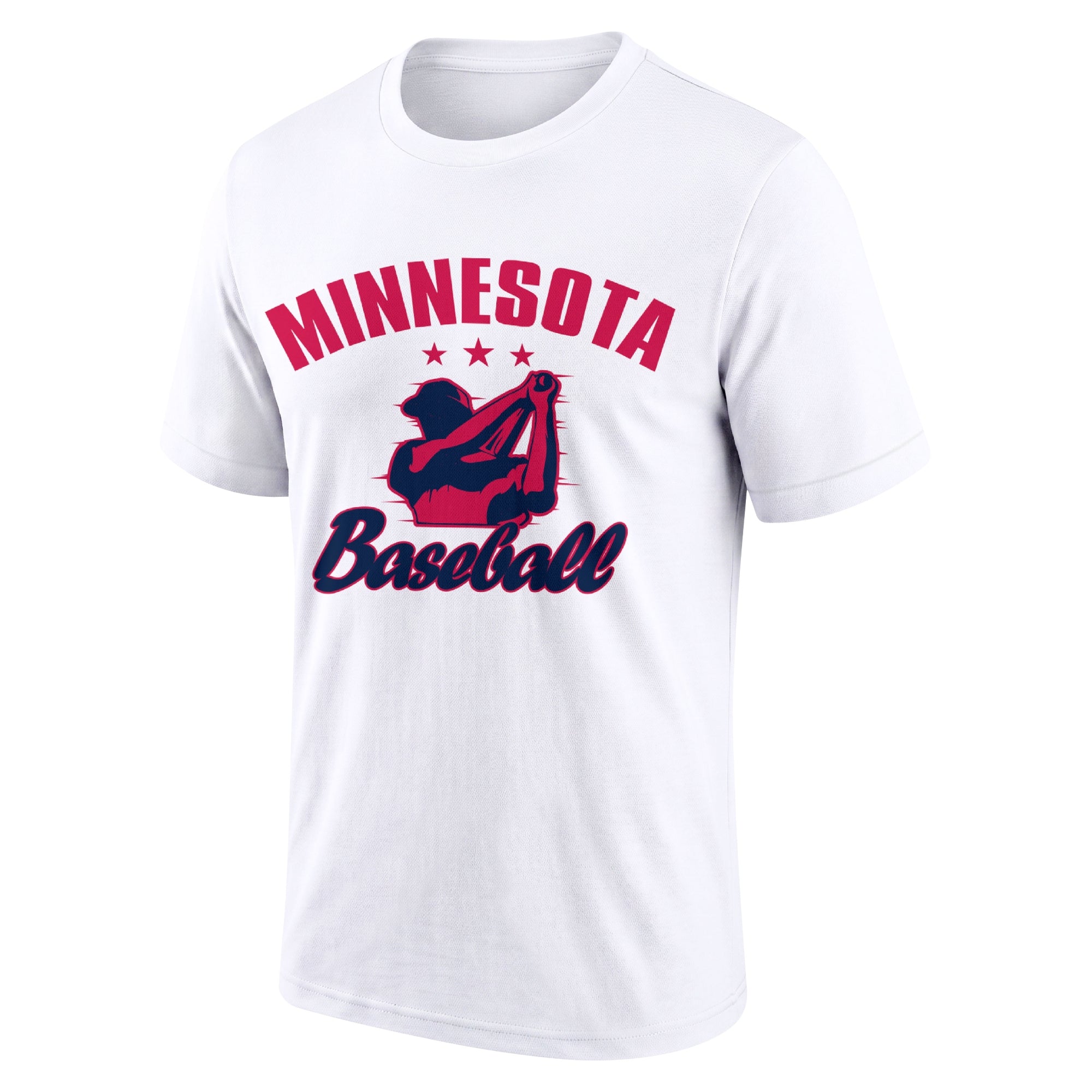 Minnesota White adult baseball T shirt front view with city lettering baseball player graphic and Baseball script