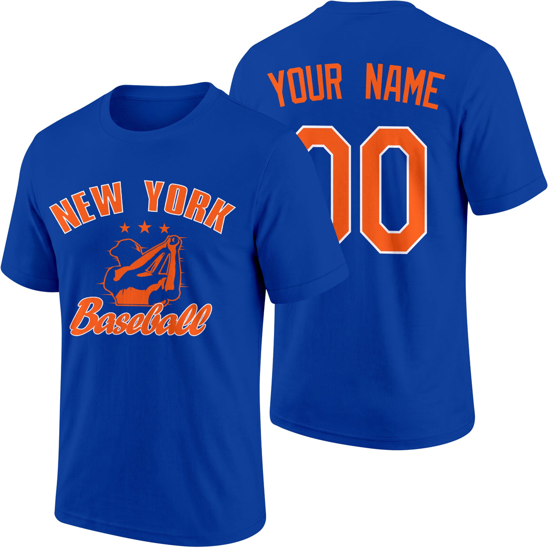 New York personalized adult baseball T shirt in Royal showing front and back with custom name and number