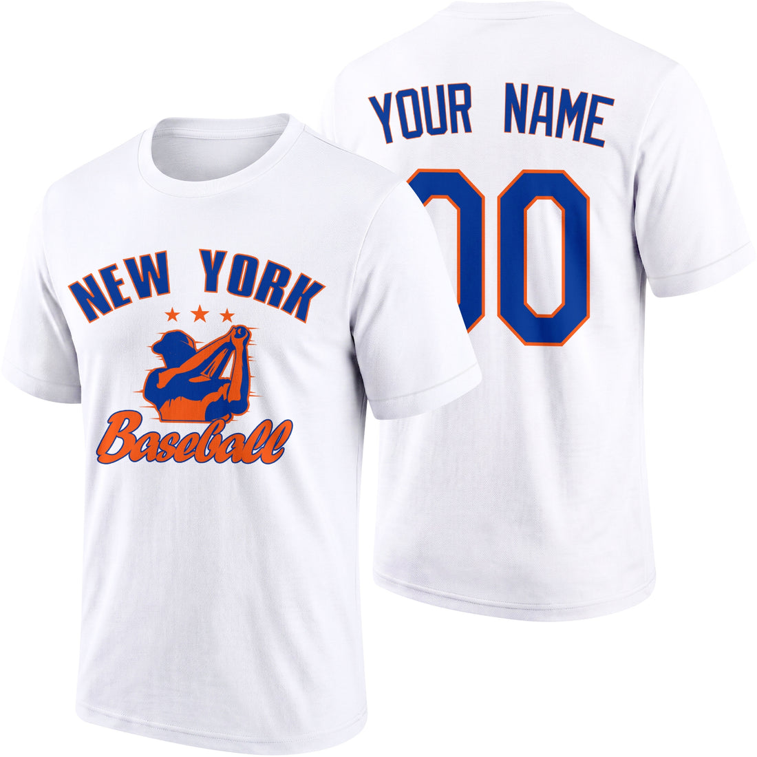 New York personalized adult baseball T shirt in Royal showing front and back with custom name and number