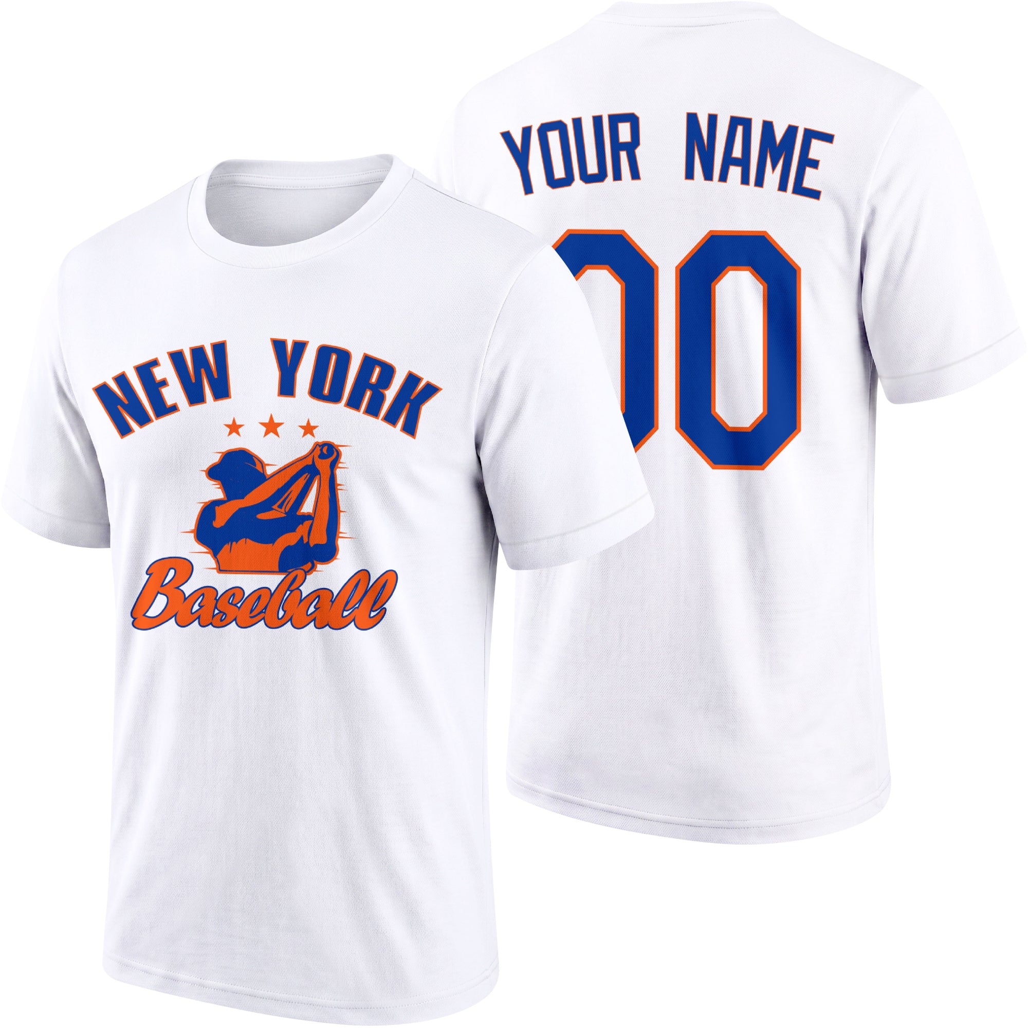 New York personalized adult baseball T shirt in White showing front and back with custom name and number