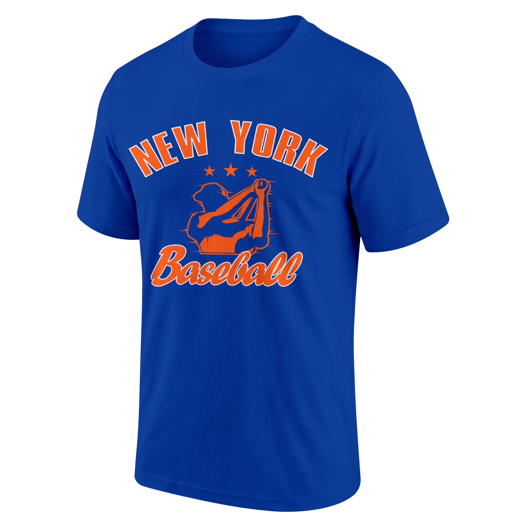 New York Royal adult baseball T shirt front view with city lettering baseball player graphic and Baseball script