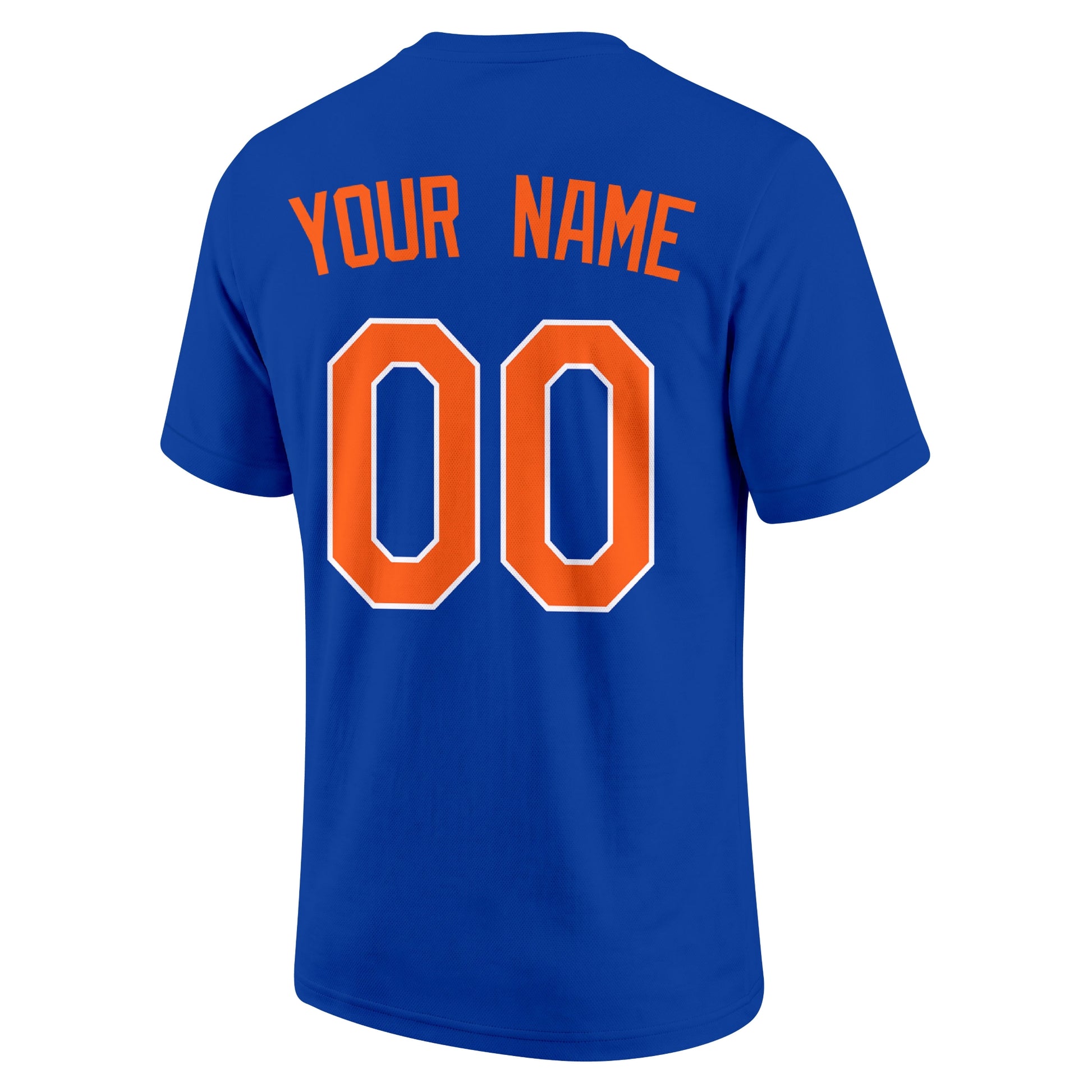 New York Royal adult baseball T shirt back view with customizable name and large jersey number