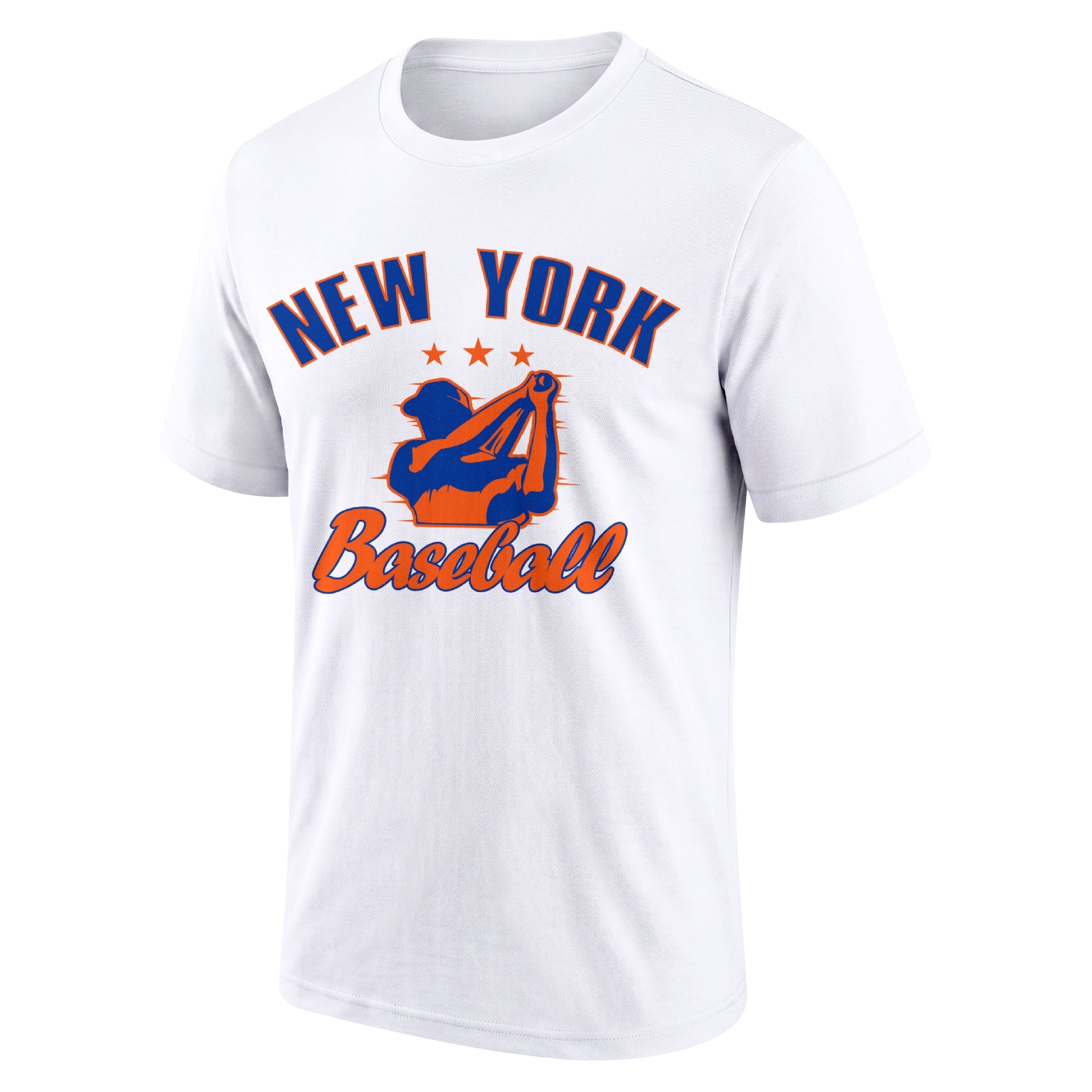 New York White adult baseball T shirt front view with city lettering baseball player graphic and Baseball script