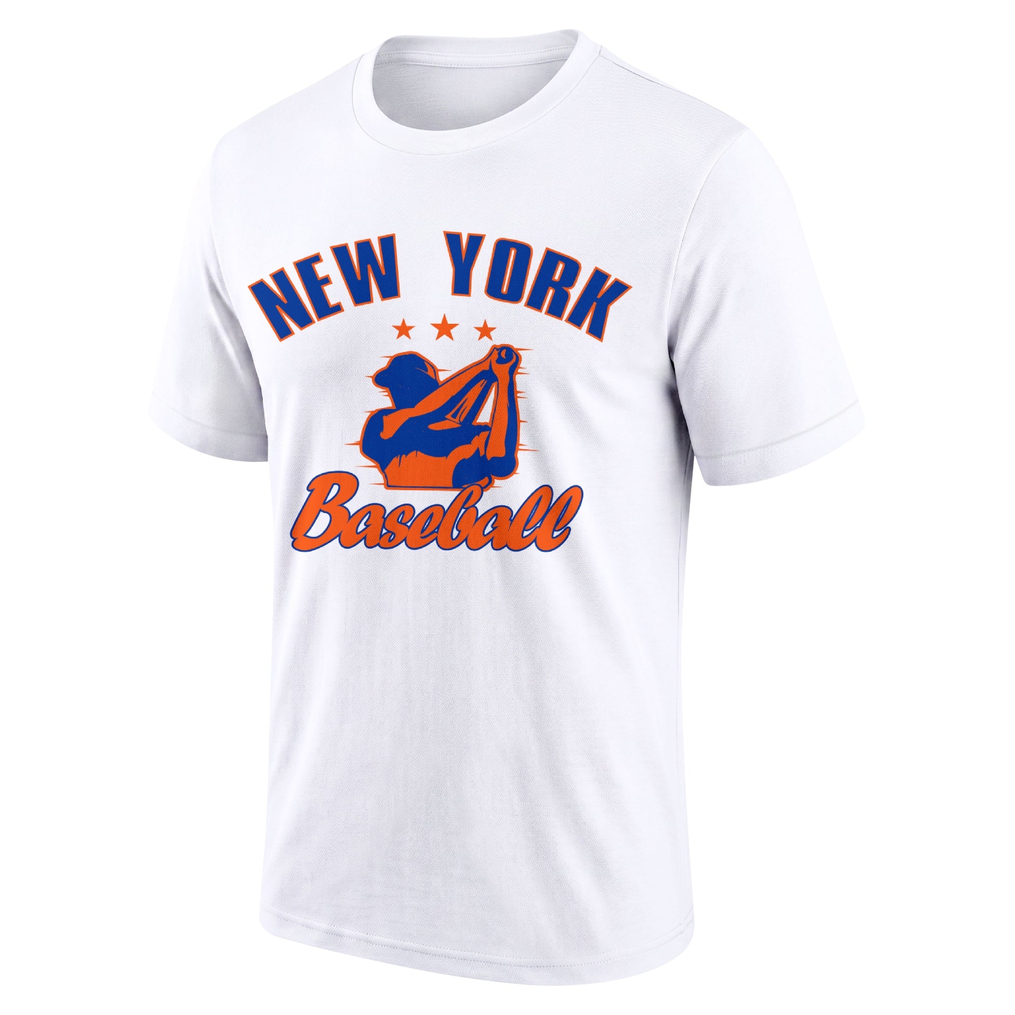 New York White adult baseball T shirt front view with city lettering baseball player graphic and Baseball script