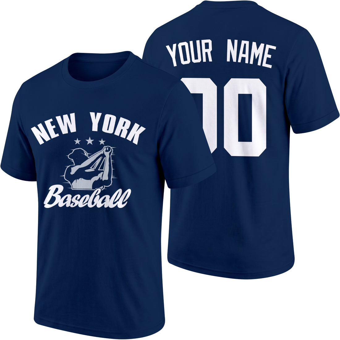 New York personalized adult baseball T shirt in Navy showing front and back with custom name and number