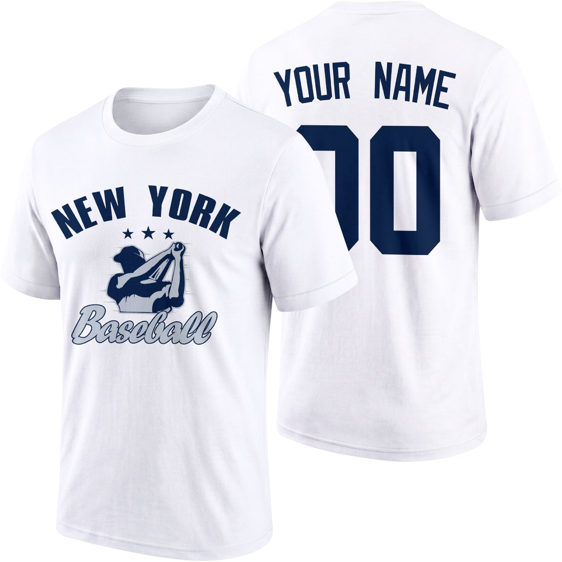 New York personalized adult baseball T shirt in Navy showing front and back with custom name and number