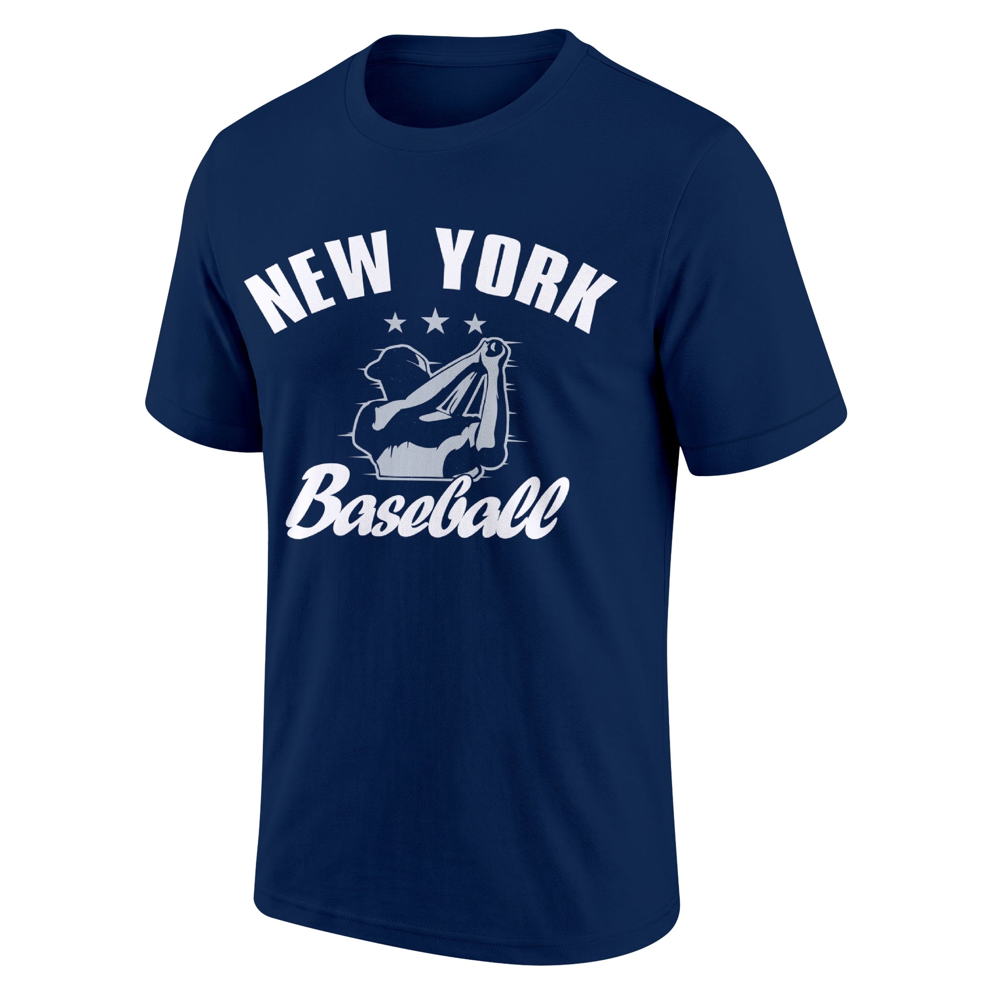 New York Navy adult baseball T shirt front view with city lettering baseball player graphic and Baseball script