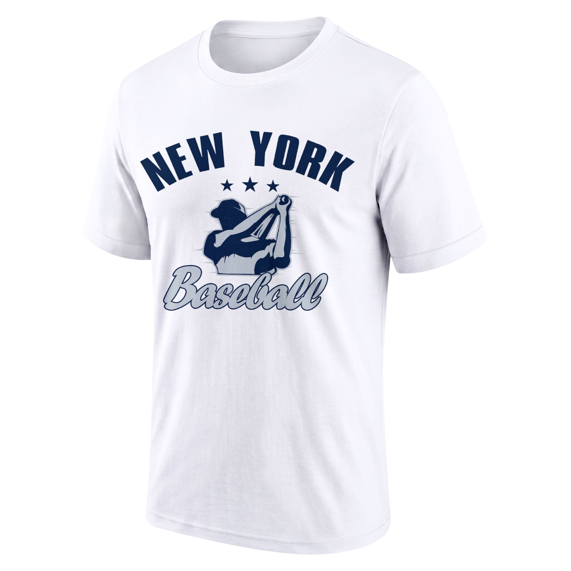 New York White adult baseball T shirt front view with city lettering baseball player graphic and Baseball script