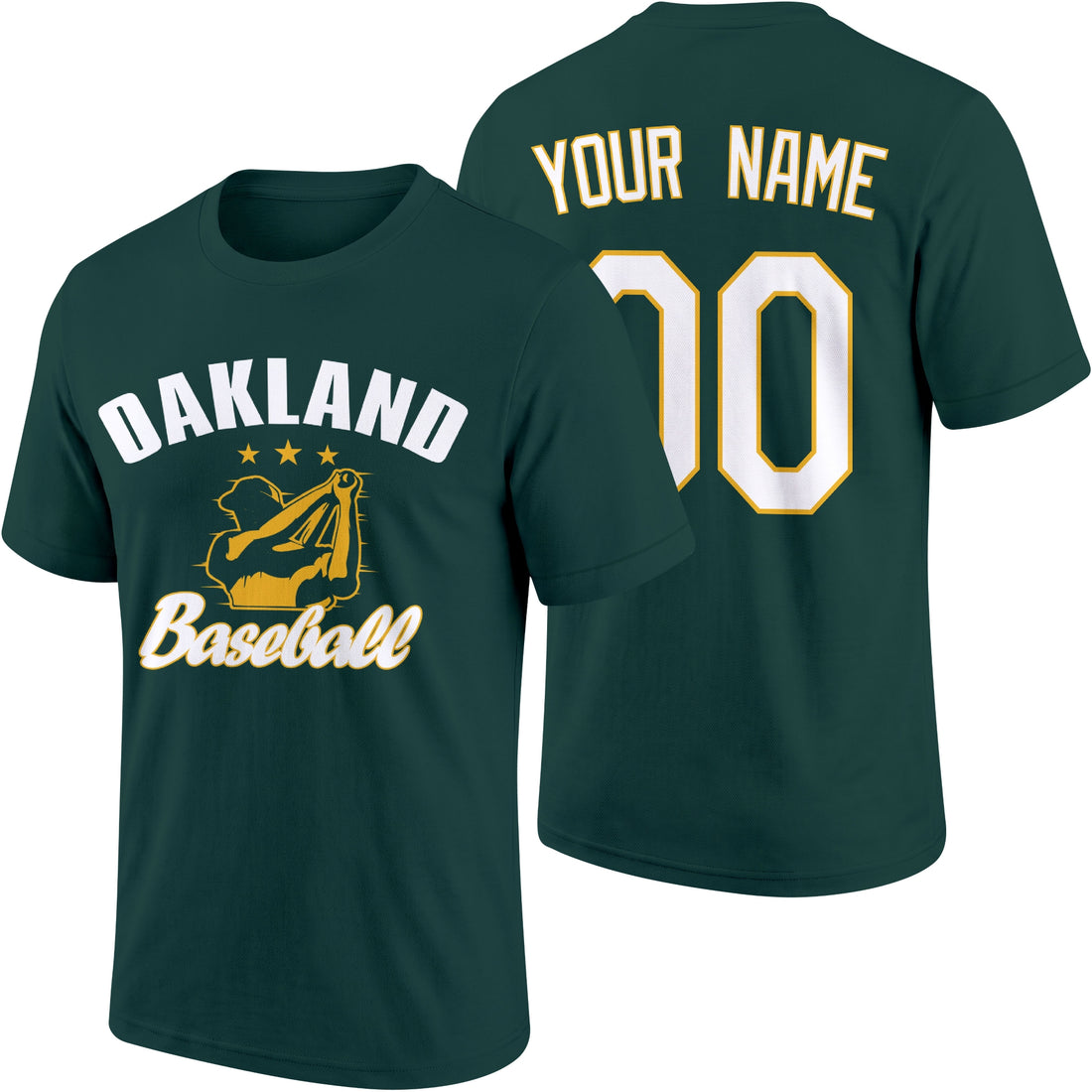 Oakland personalized adult baseball T shirt in Green showing front and back with custom name and number