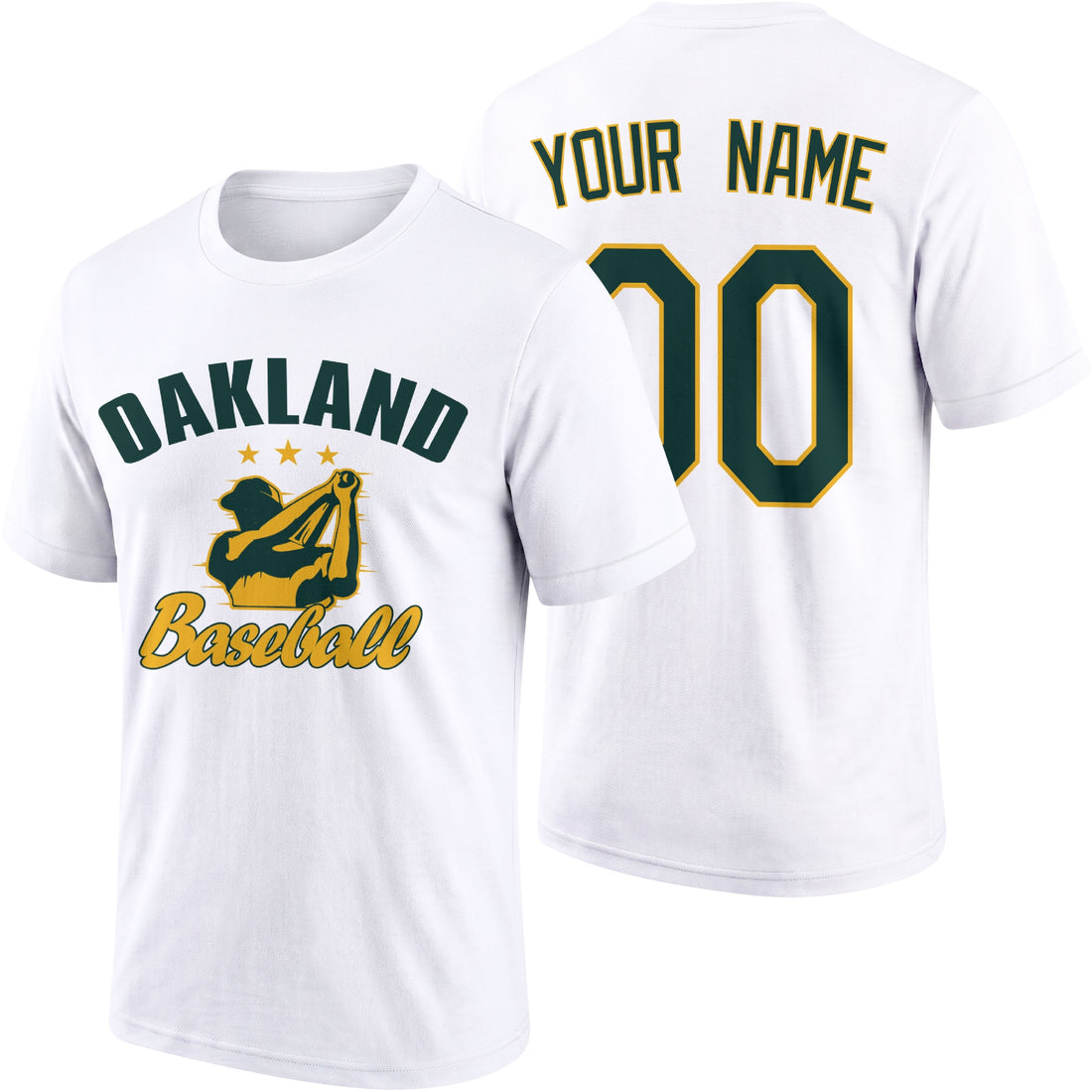 Oakland personalized adult baseball T shirt in Green showing front and back with custom name and number