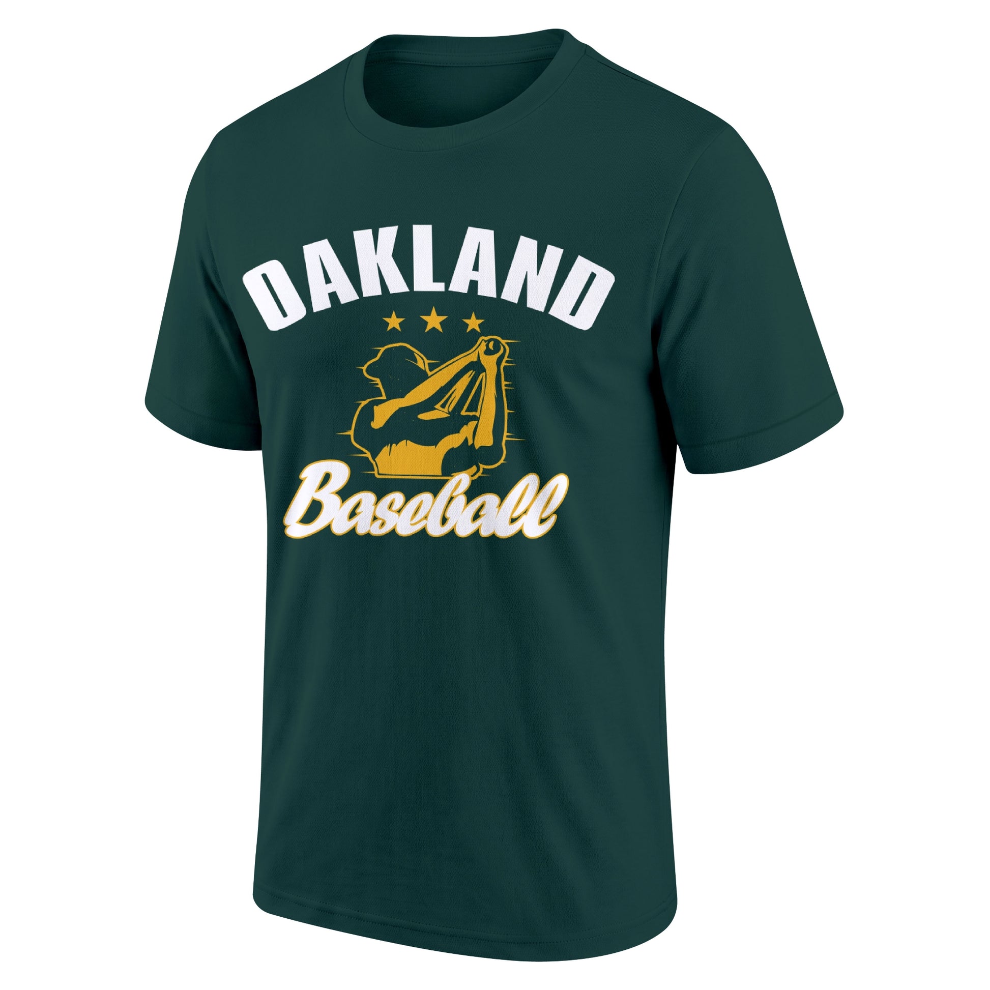Oakland Green adult baseball T shirt front view with city lettering baseball player graphic and Baseball script