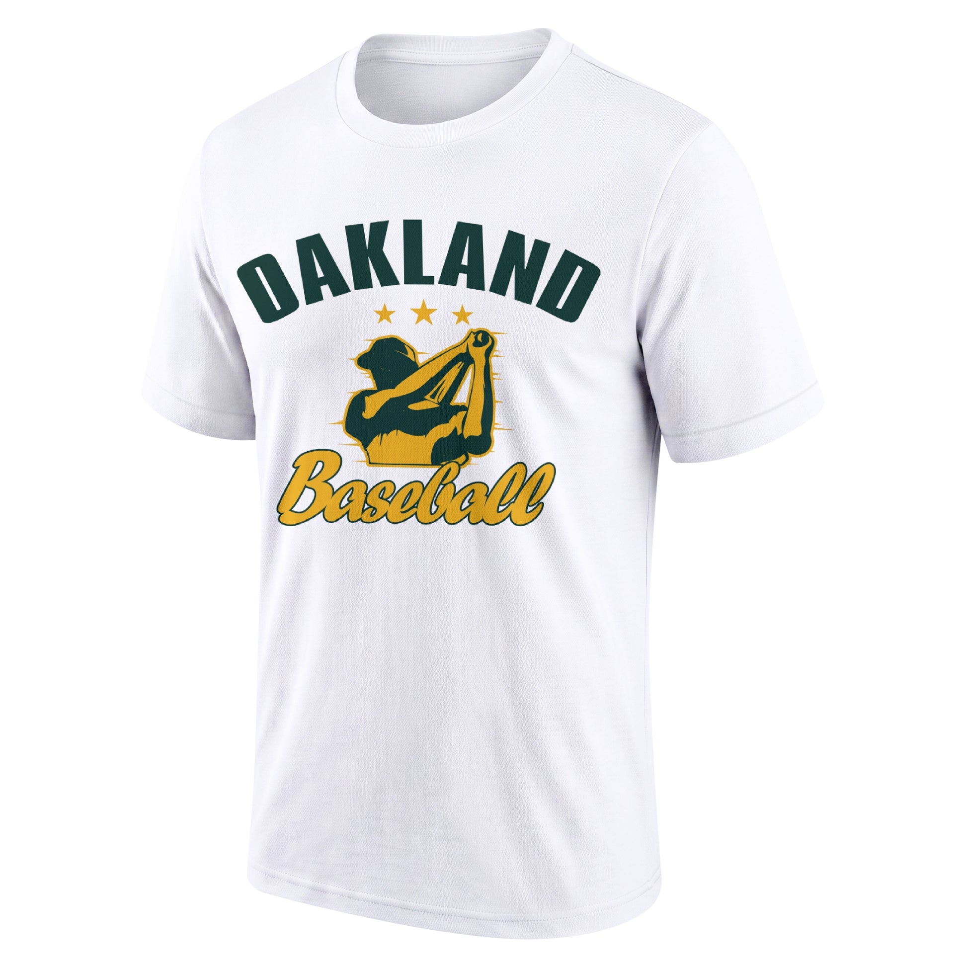 Oakland White adult baseball T shirt front view with city lettering baseball player graphic and Baseball script