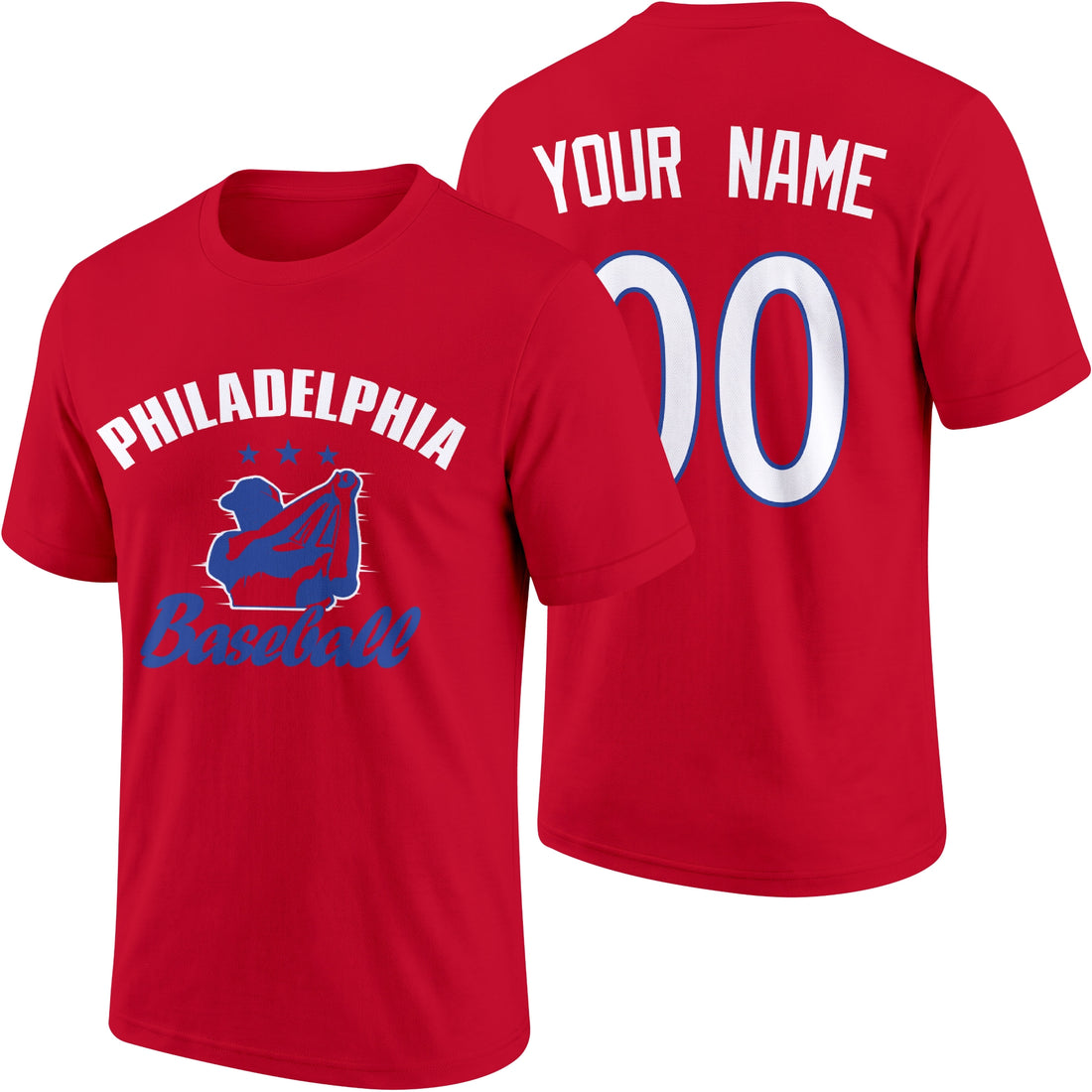 Philadelphia personalized adult baseball T shirt in Red showing front and back with custom name and number
