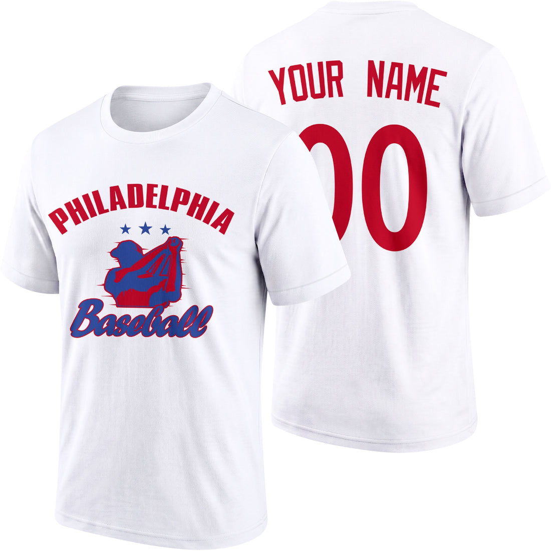Philadelphia personalized adult baseball T shirt in Red showing front and back with custom name and number